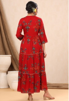 Women's Red Rayon Printed Flared Dress