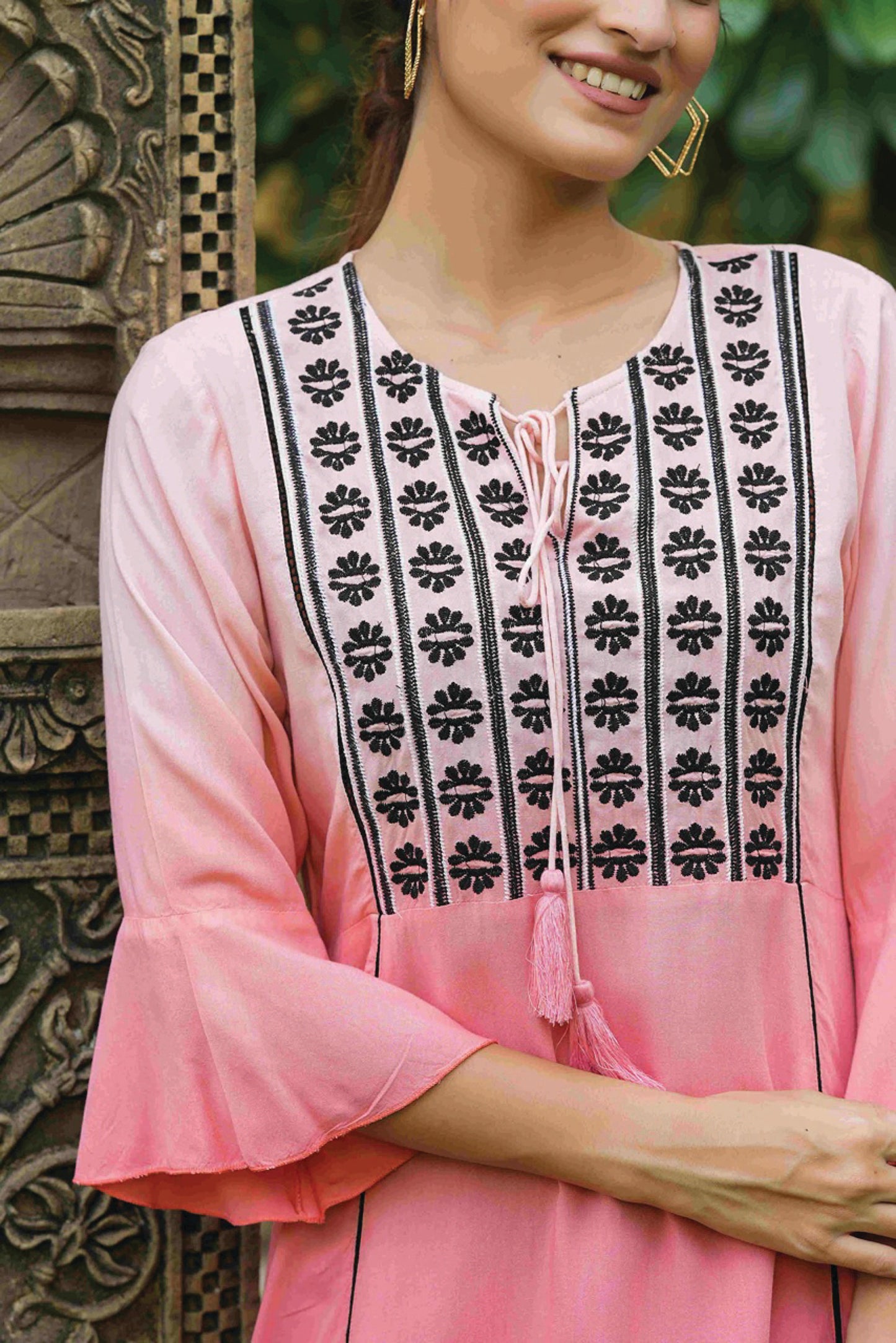 Women's Peach Rayon Festive Embroidered Tiered Tunic For Women