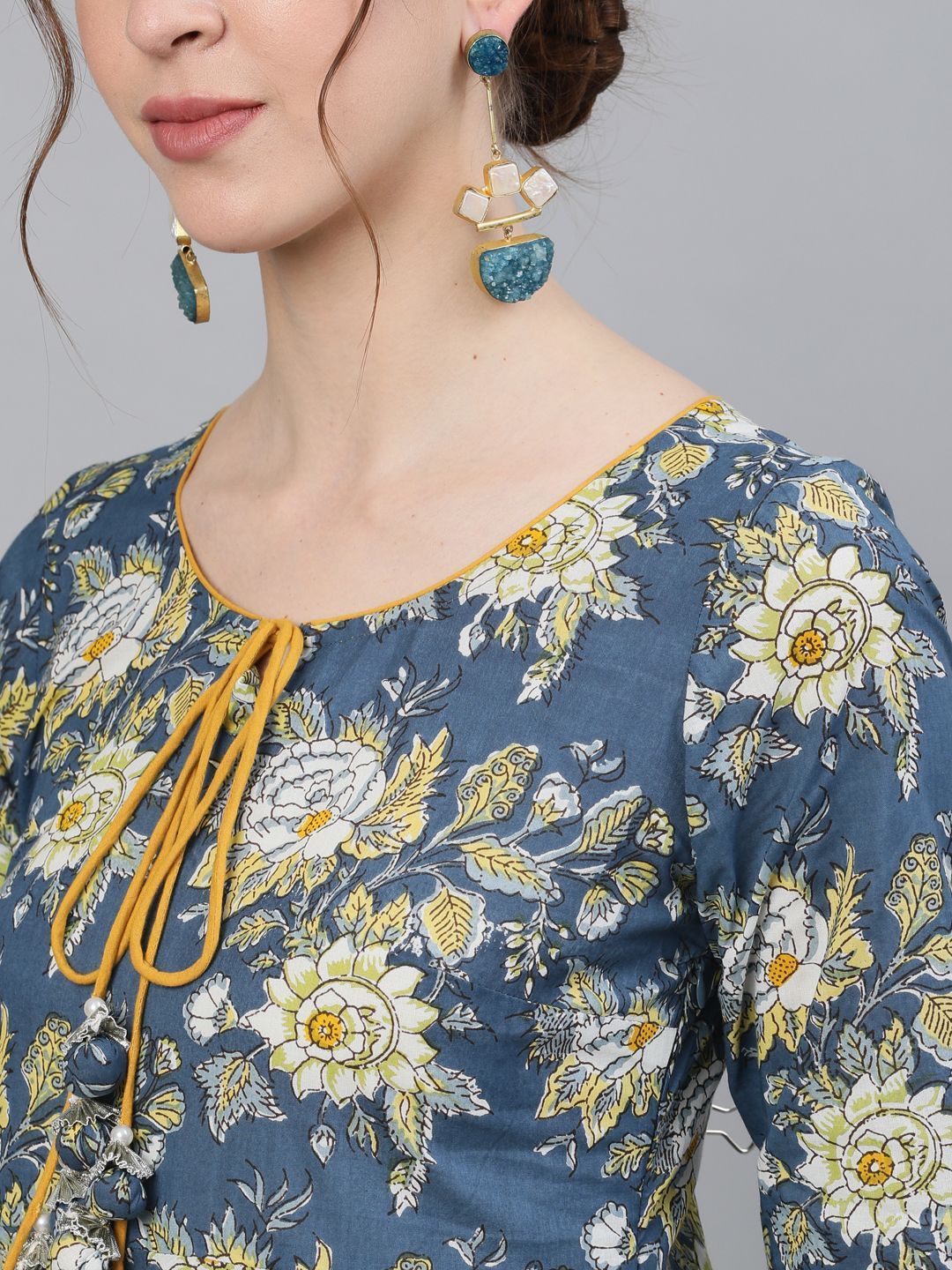 Women's Blue & Yellow Floral Printed Flared Maxi