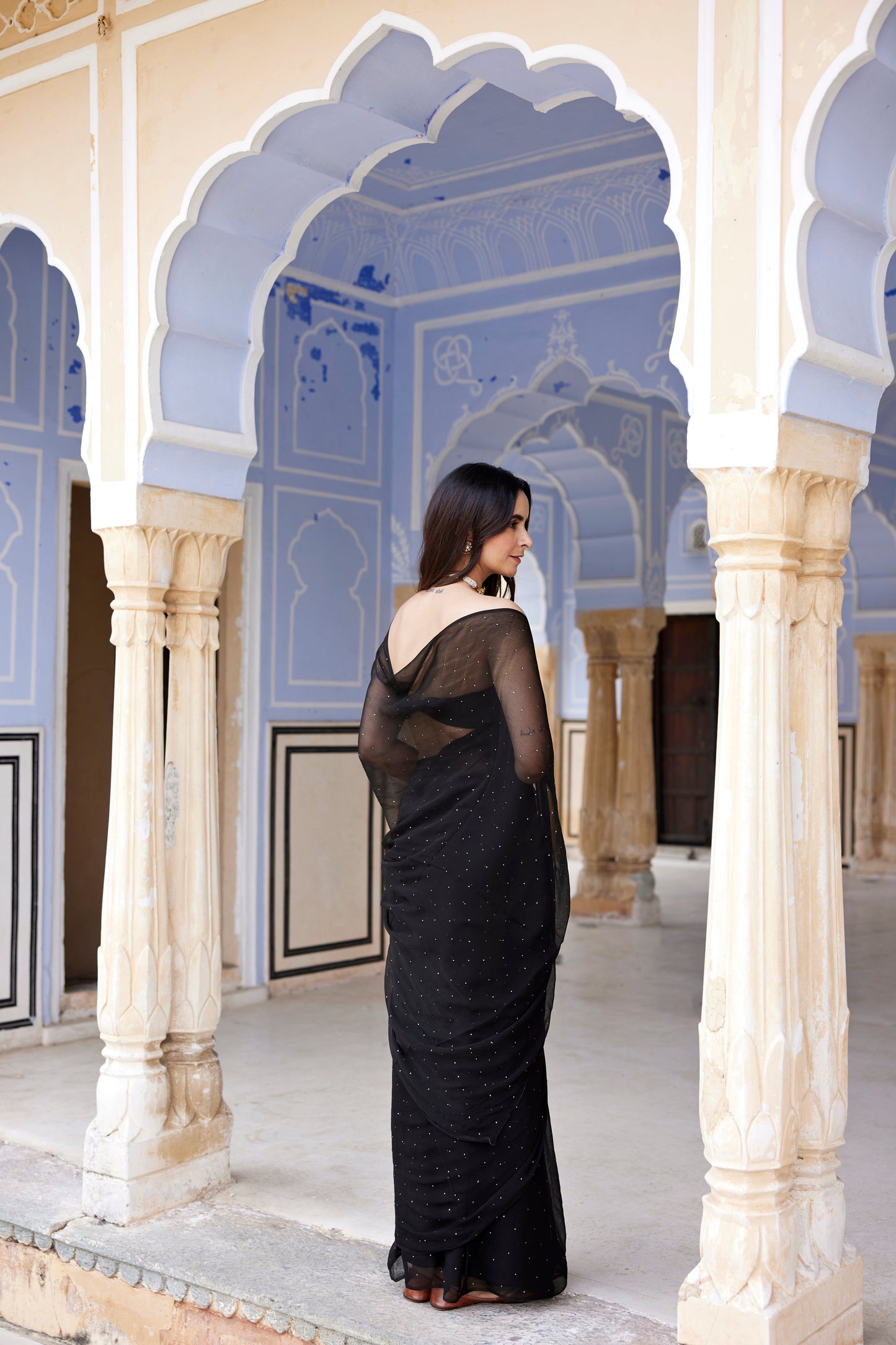 Women's Black Hand Embroidered Mukaish Chiffon Saree