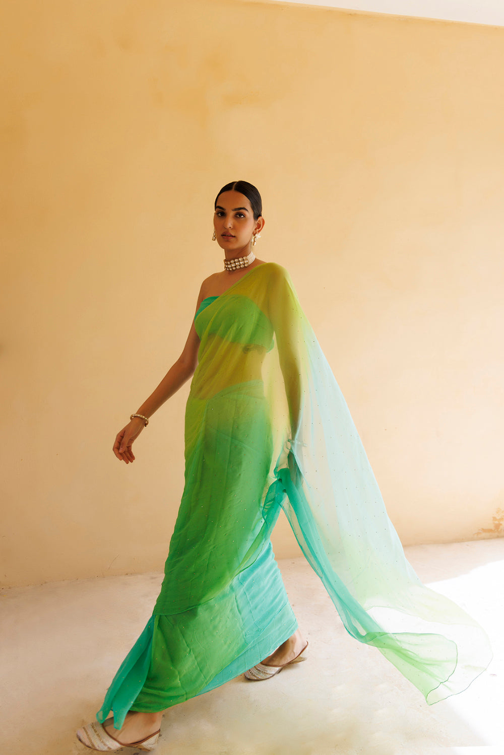 Women's Green Shaded Mukaish Hand Embroidered Chiffon Saree