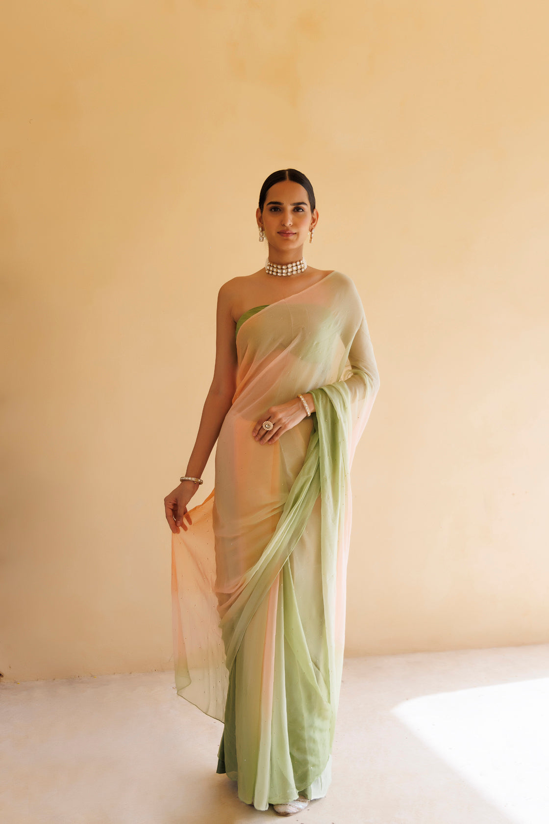 Women's Peach Green Shaded Hand Embroidered Mukaish Chiffon Saree