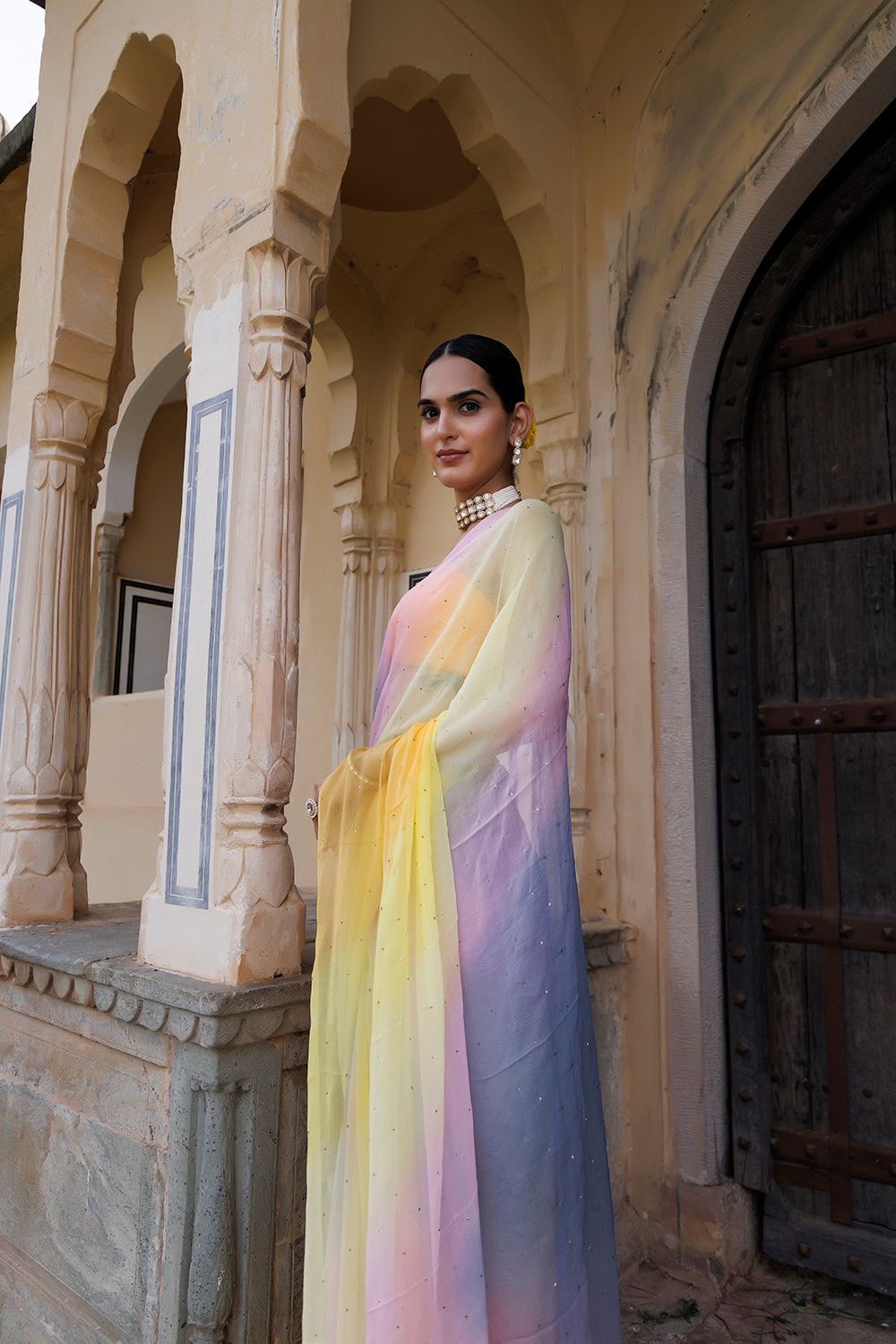 Women's Multi Shaded Hand Embroidered Mukaish Chiffon Saree