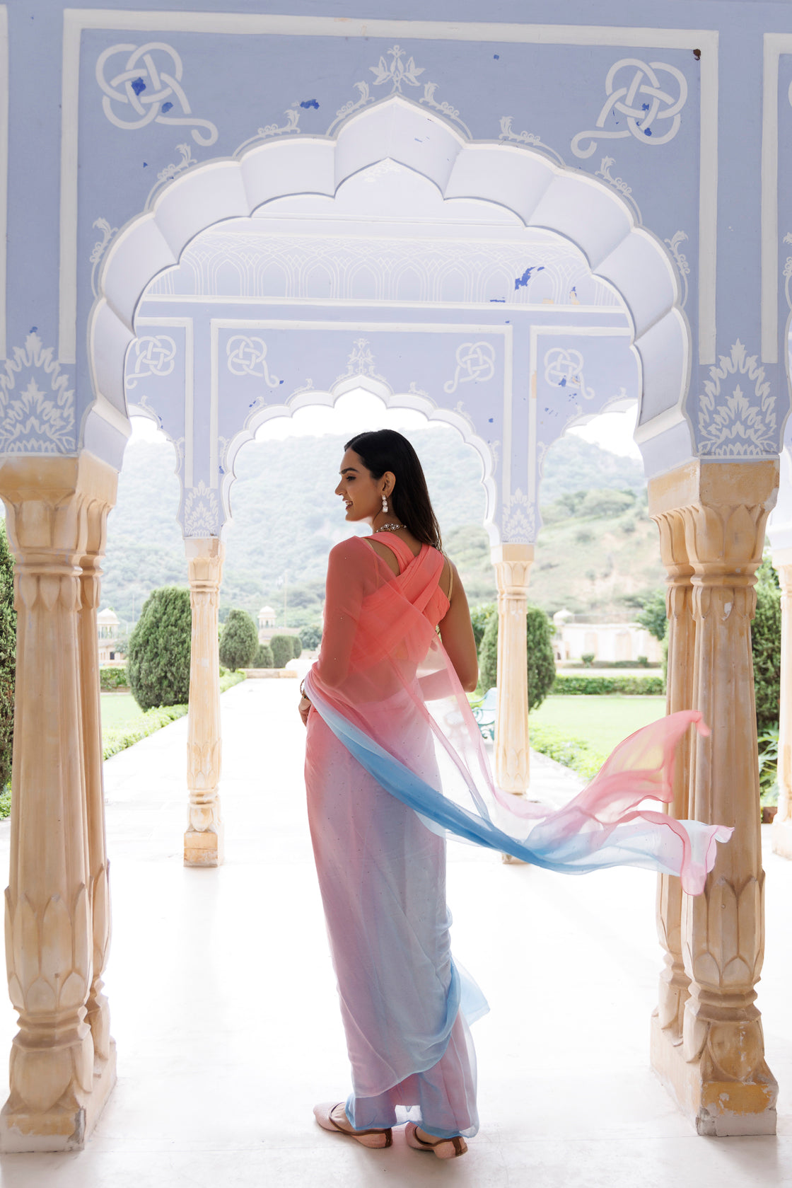 Women's Pink Blue Shaded Hand Embroidered Mukaish Chiffon Saree