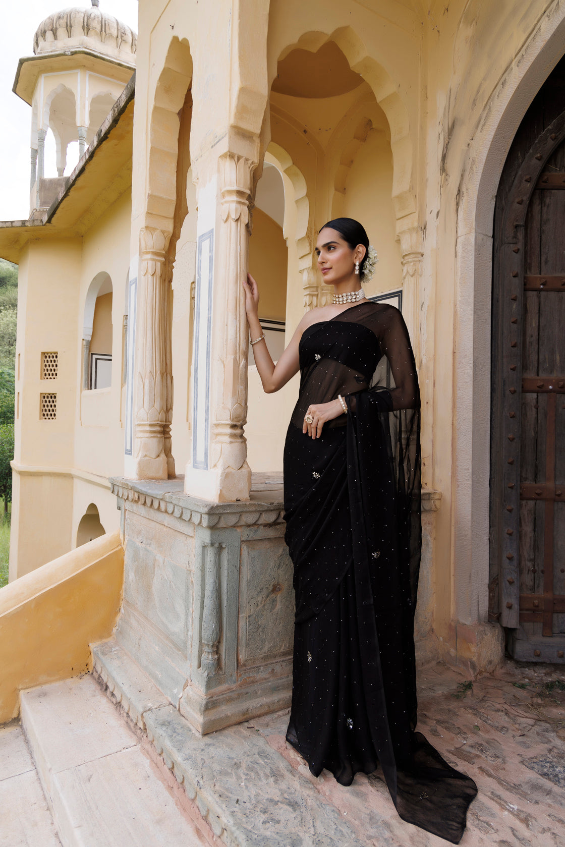 Women's Black Hand Embroidered Mukaish Chiffon Saree