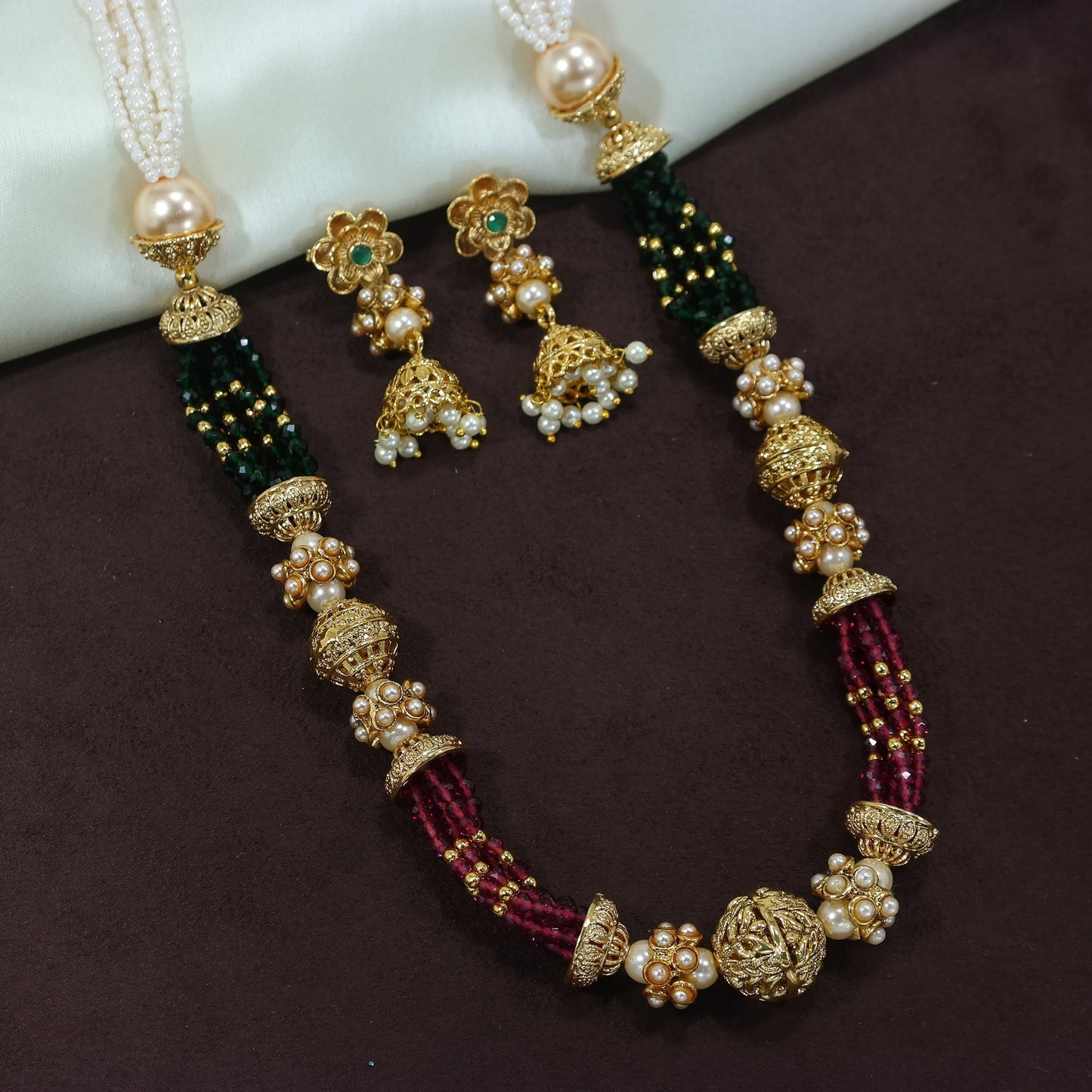 Women's 18K Gold Plated Long Emerald Green Multi String Brass Necklace Set With Earrings