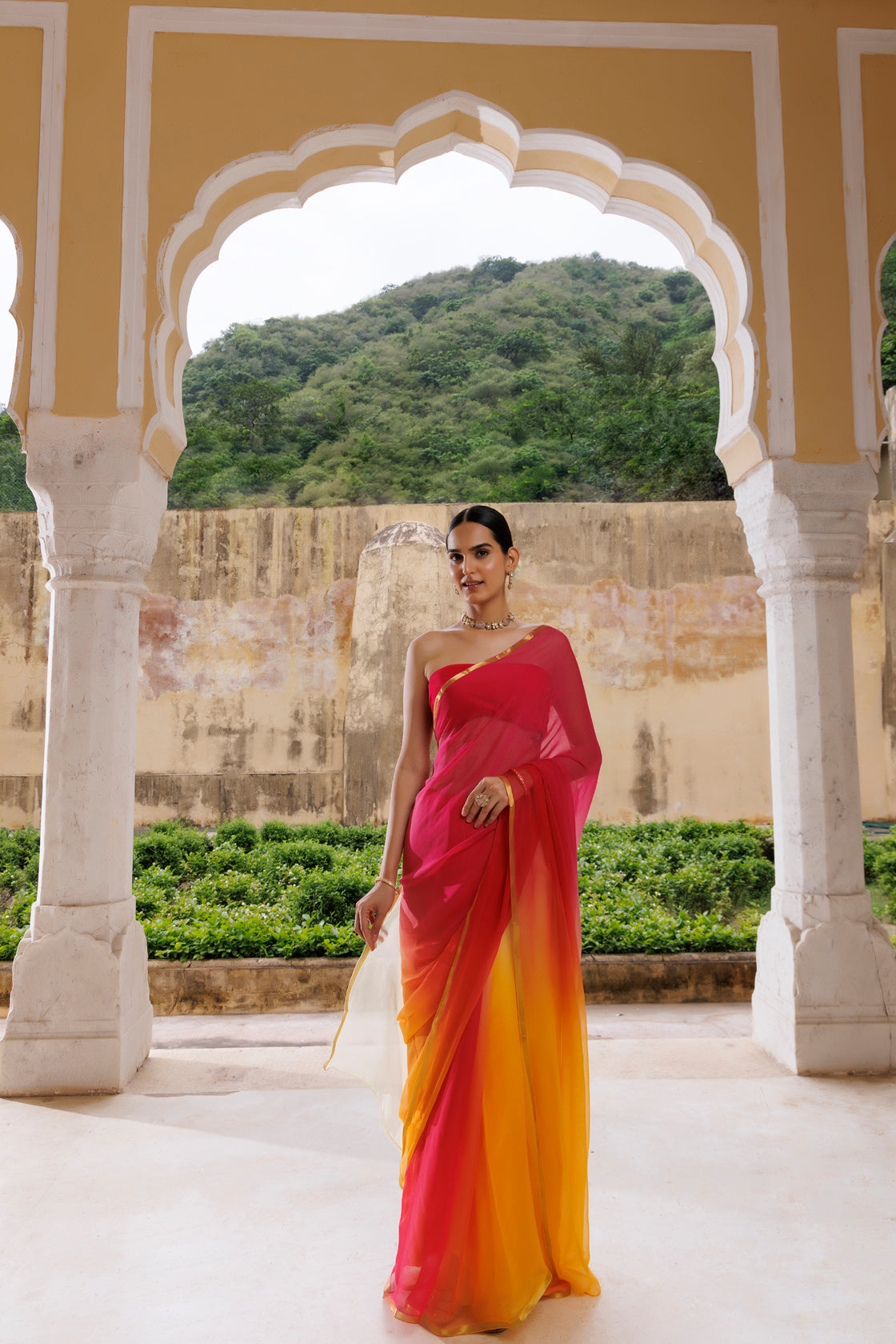 Women's Multi Shaded Hand Dyed Plain Chiffon Saree With Jacquard Blouse