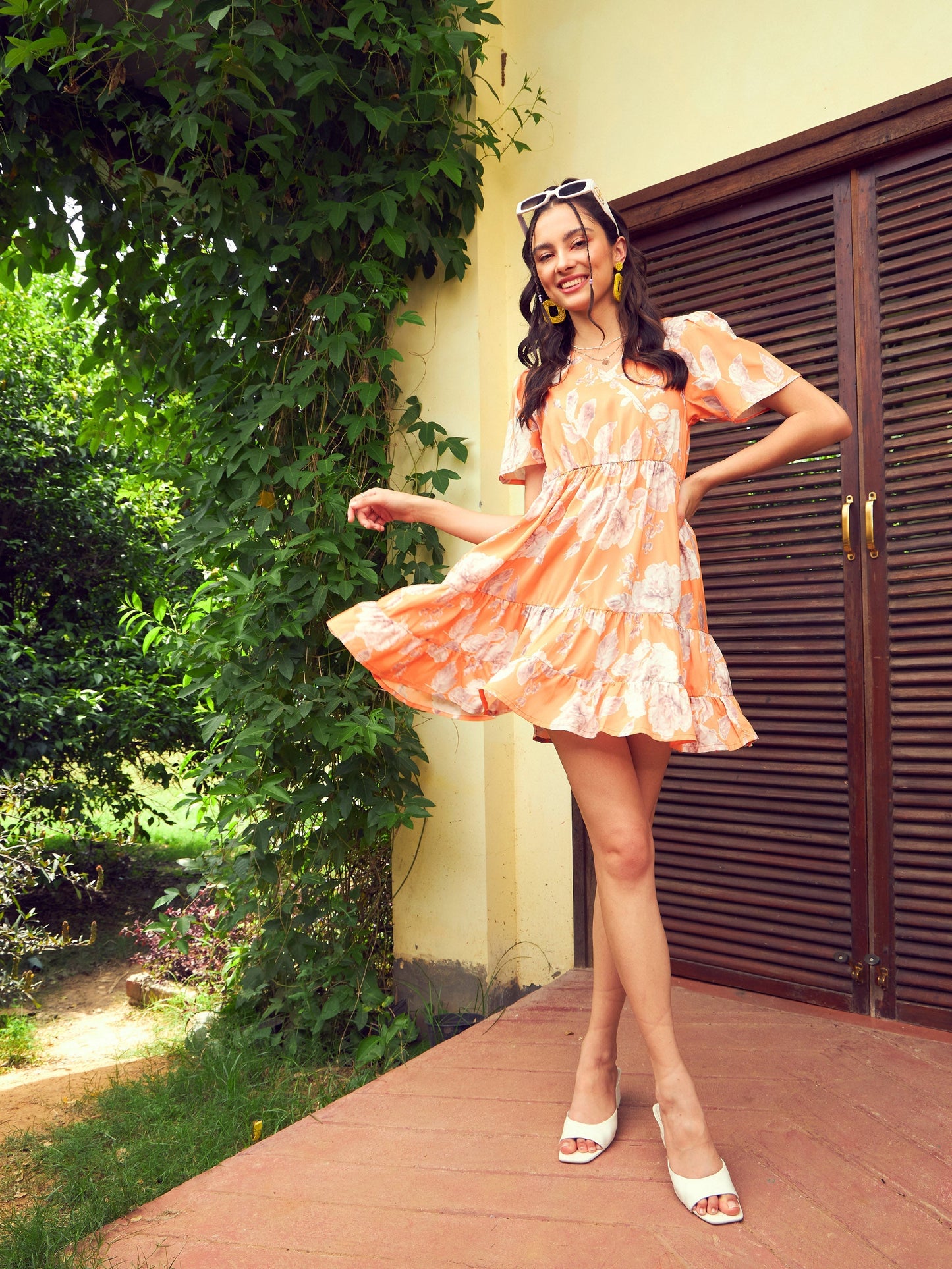 Women's Orange Floral Short Tiered Dress