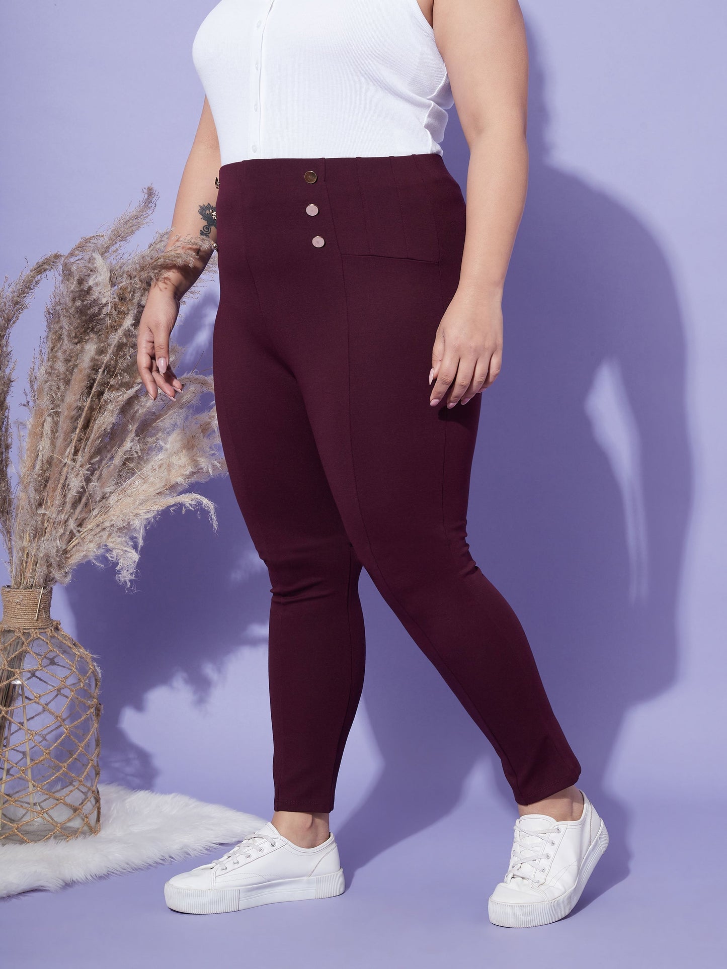 Women's Burgundy Show Button High Waist Jeggings