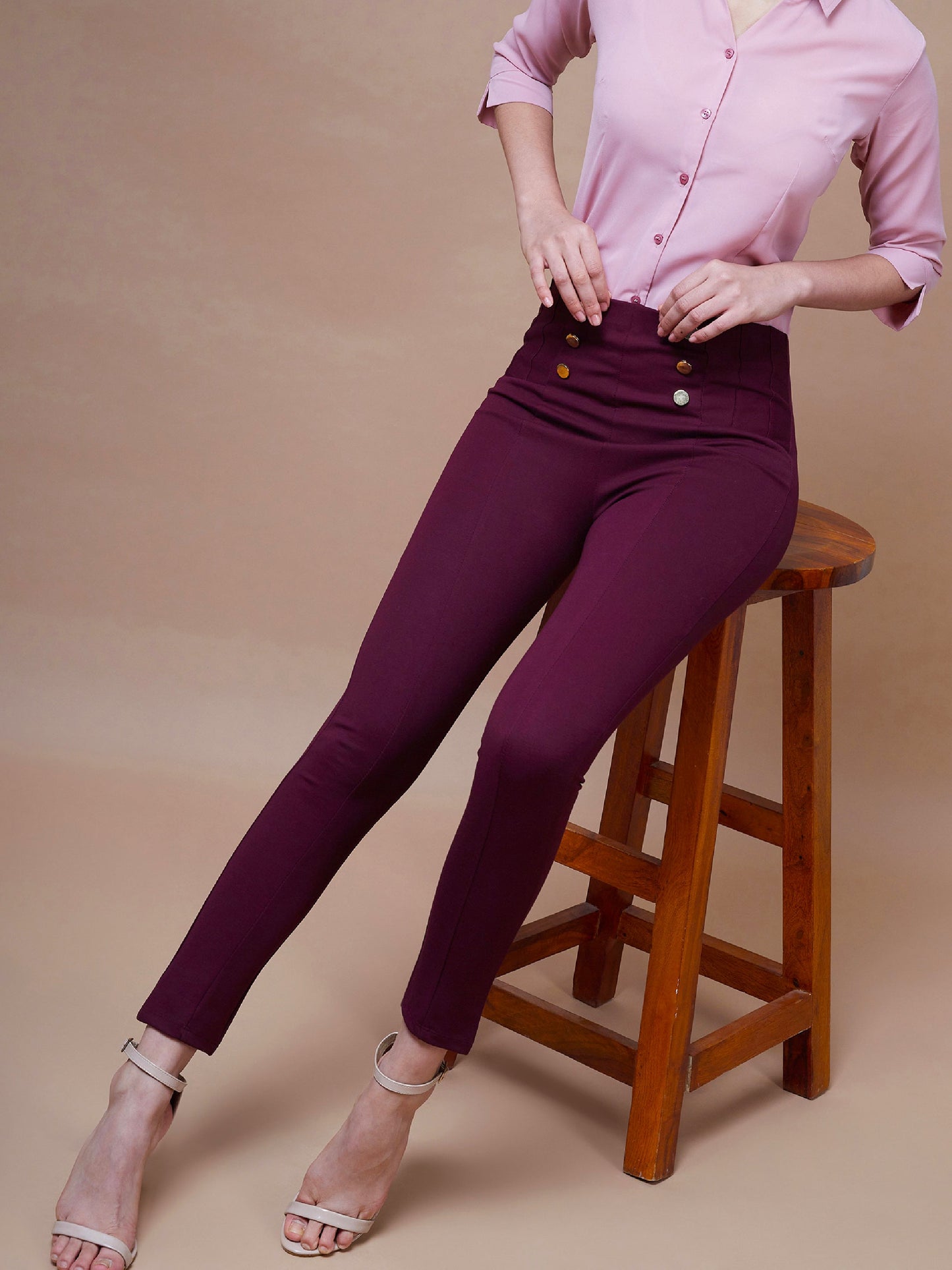 Women's Burgundy Show Button Jeggings