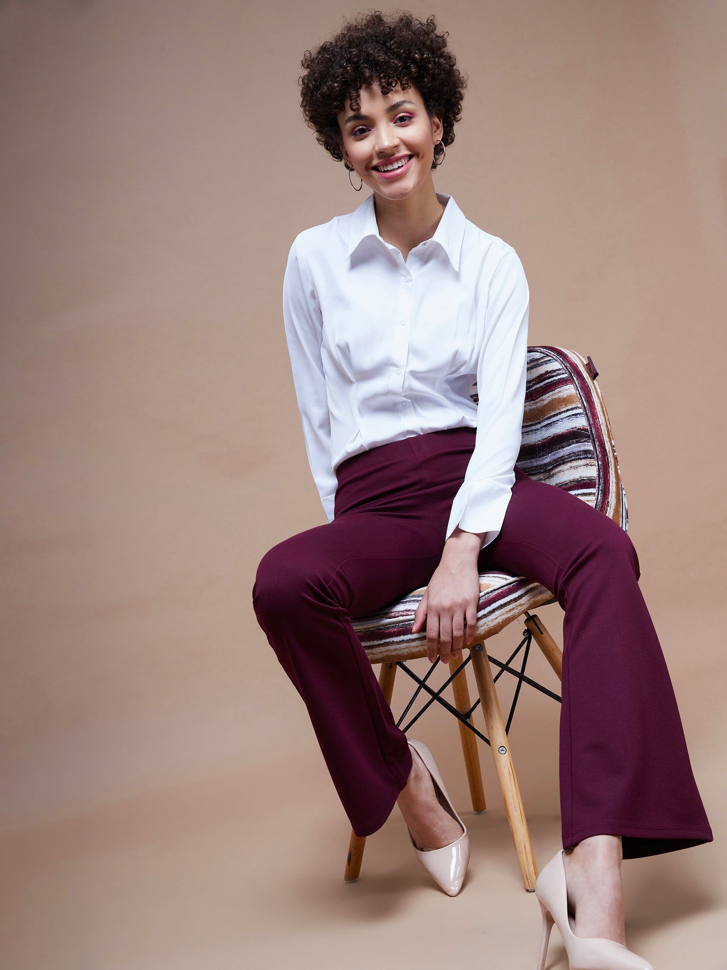 Women's Burgundy Bell Bottom 4-Way Stretch Pants