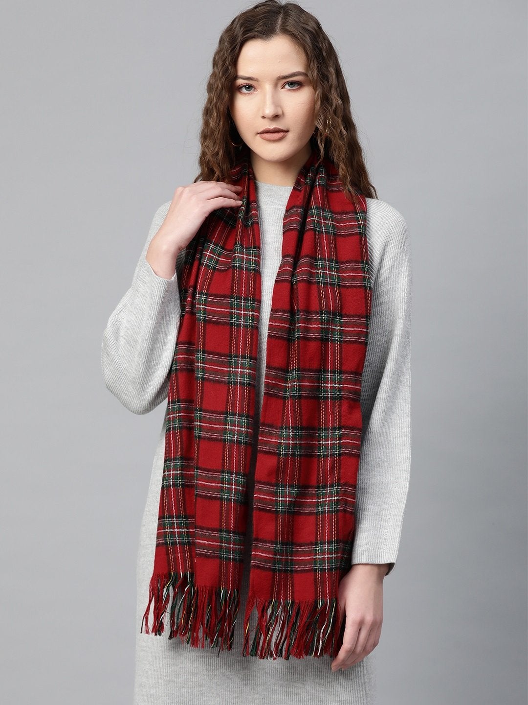 Women's Red Check Poly Viscose Stole