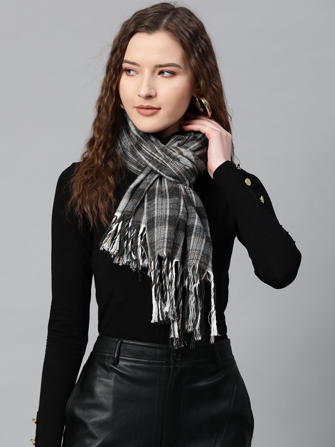 Women's Grey Check Poly Viscose Stole