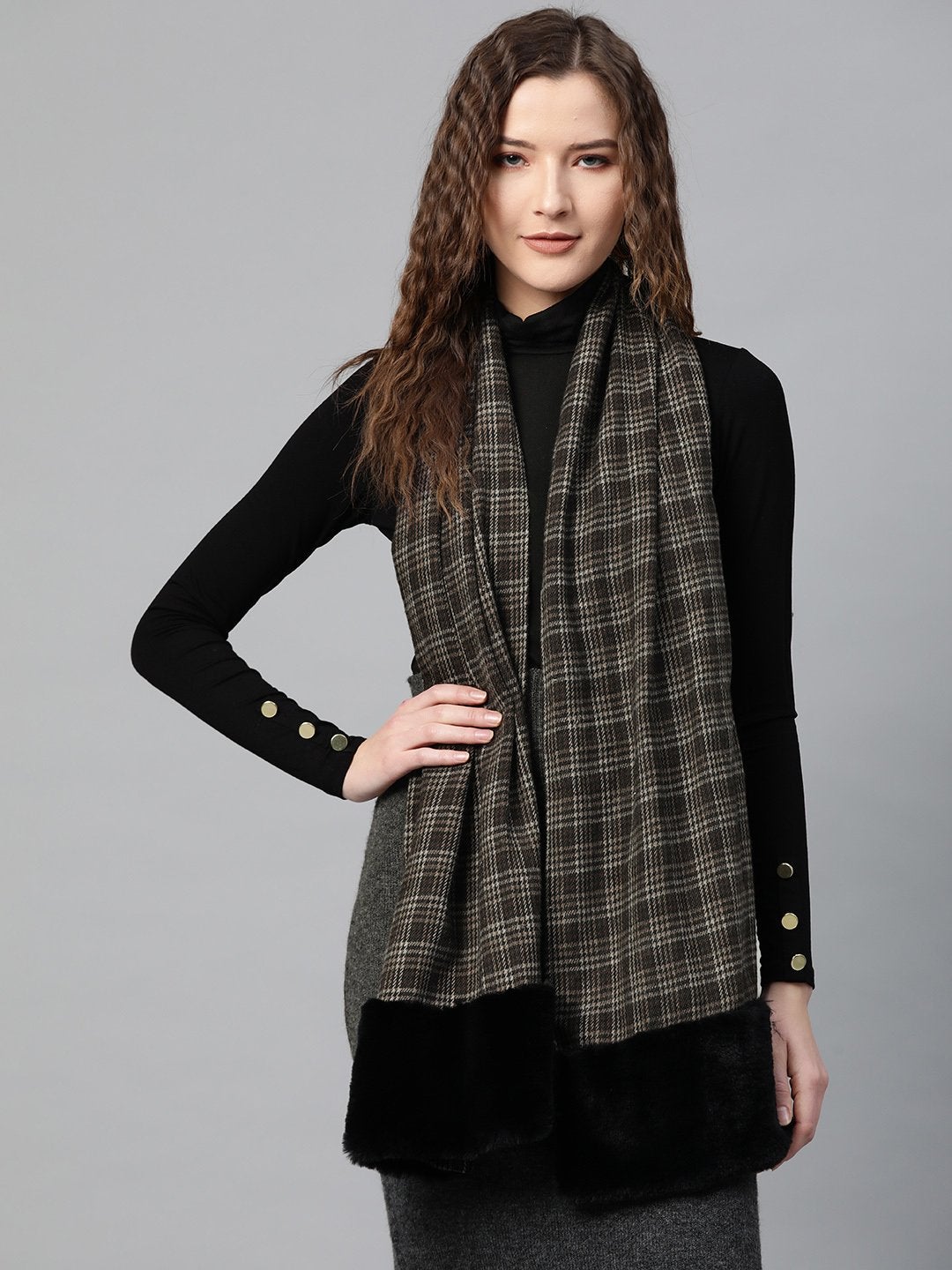 Women's Brown Check Faux Fur Border Stole