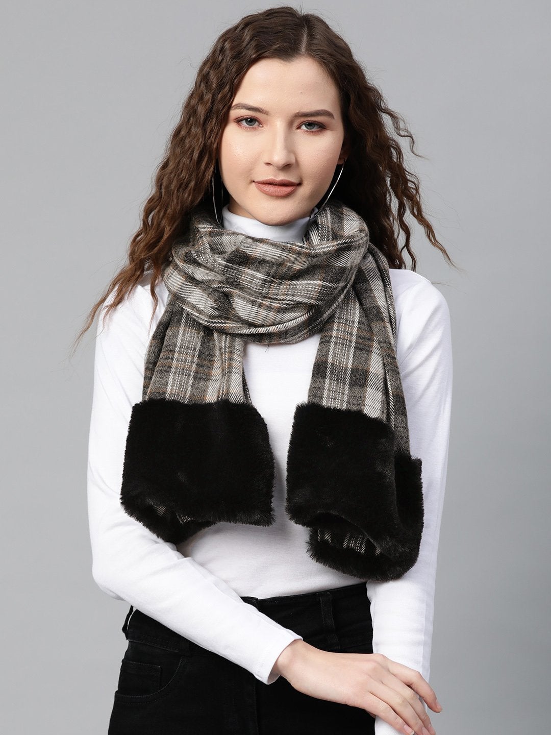 Women's Grey Check Faux Fur Border Scarf