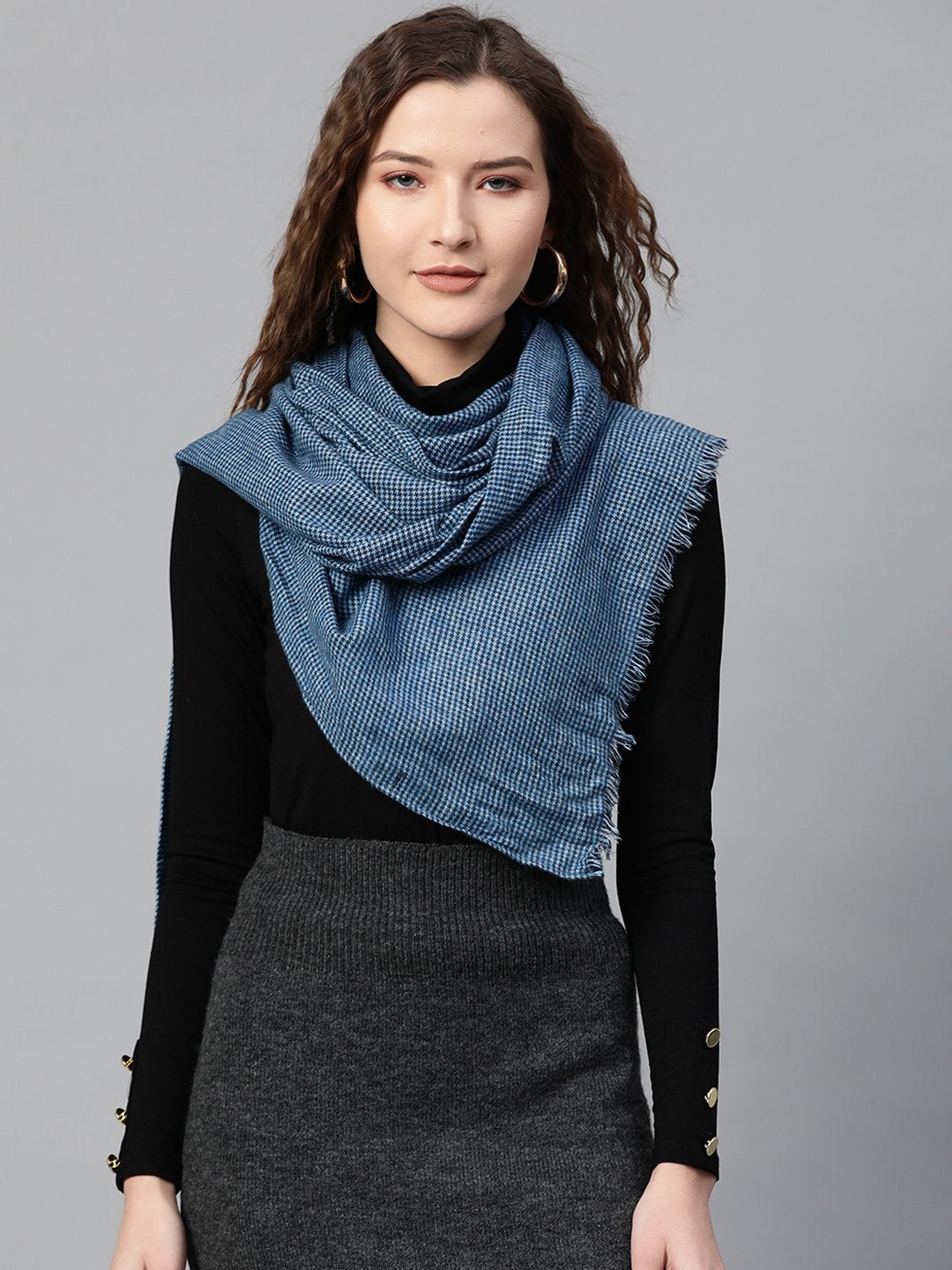 Women's Blue Check Poly Wool Stole