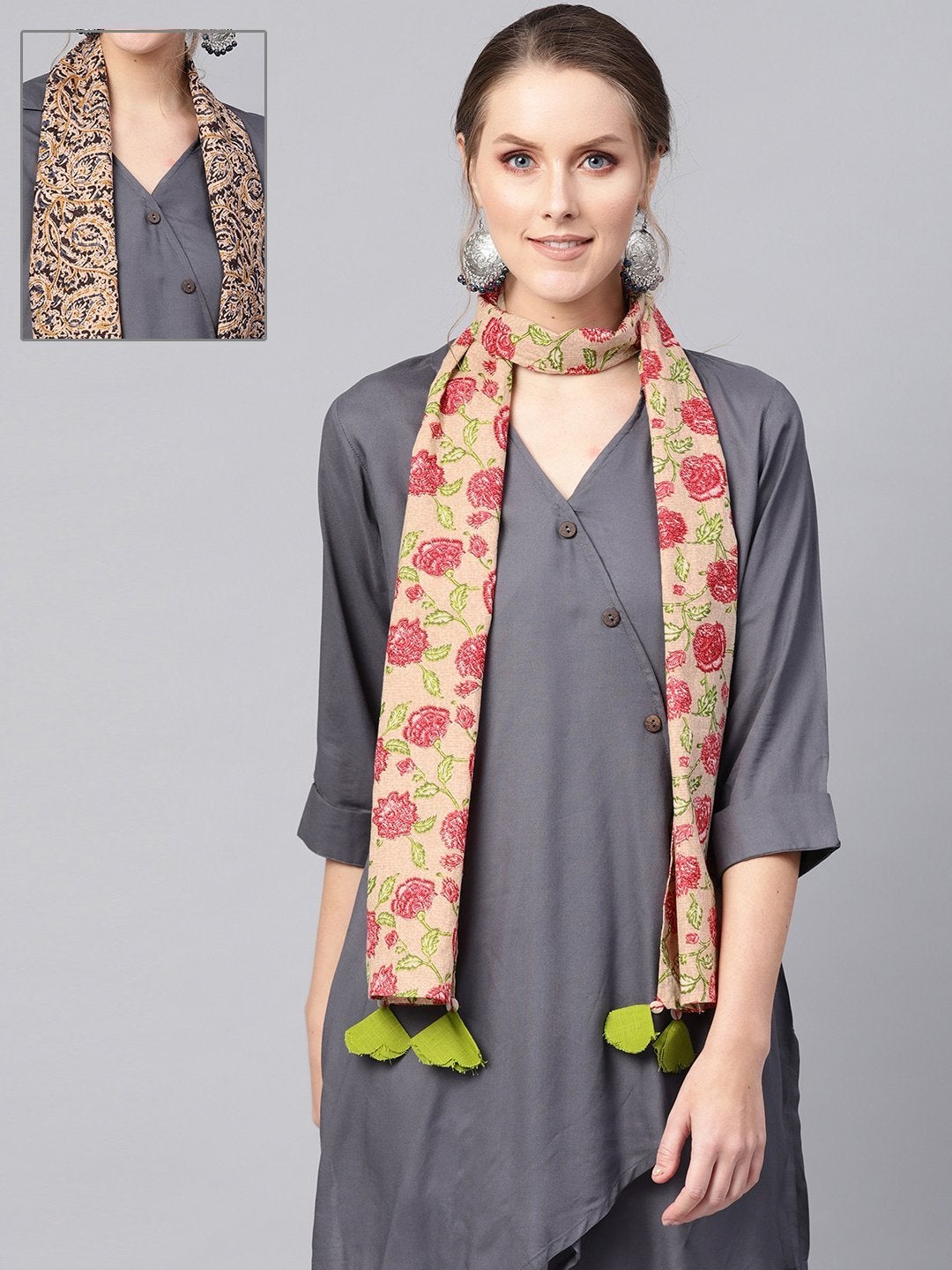 Women's Beige Paisley & Pink Floral Scarf (Set Of 2)
