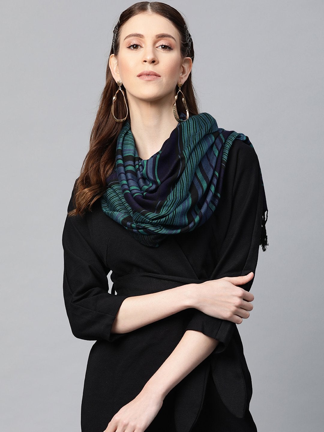 Women's Green Viscose Stripe Stole