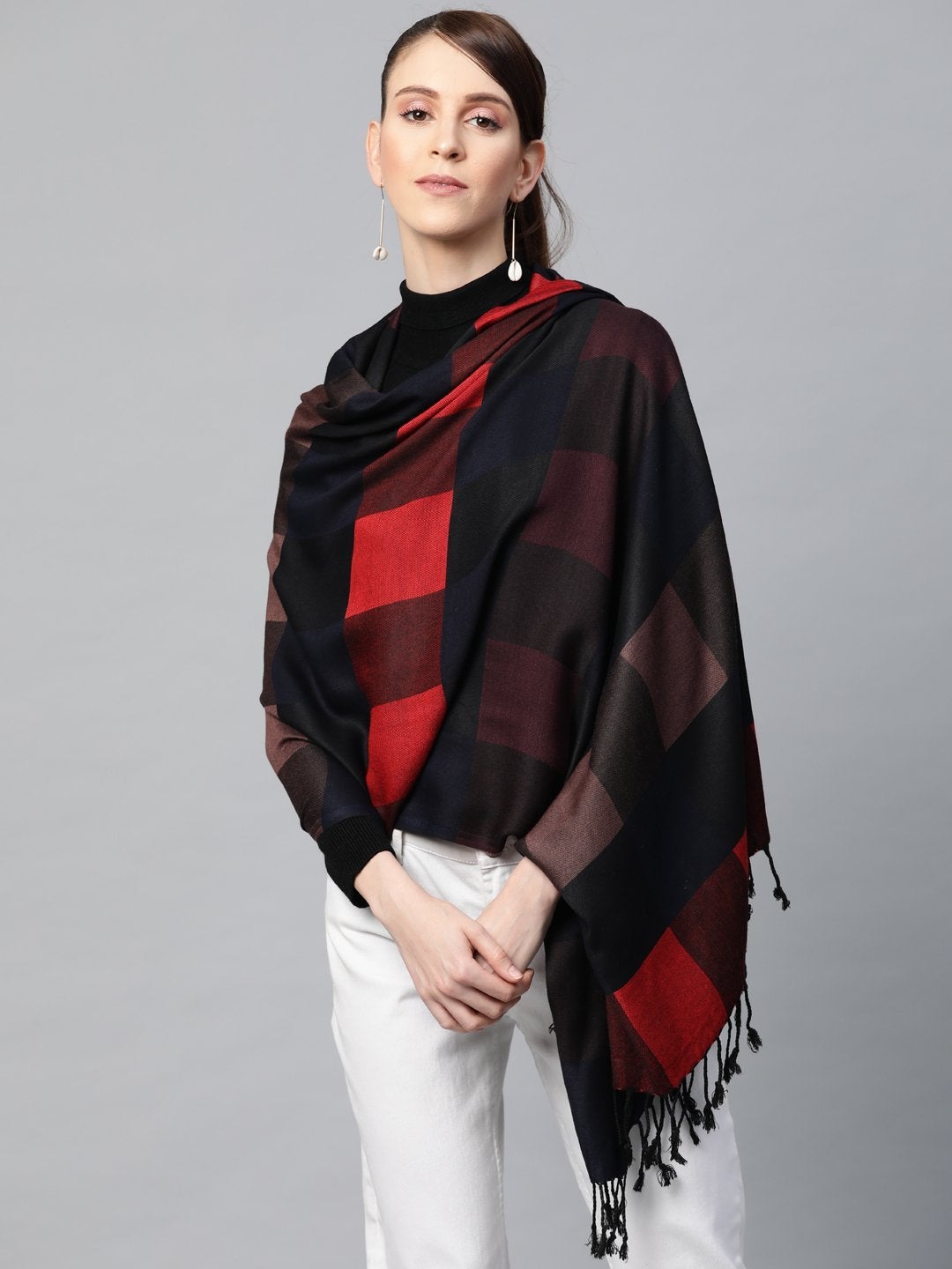 Women's Red Viscose Checks Stole