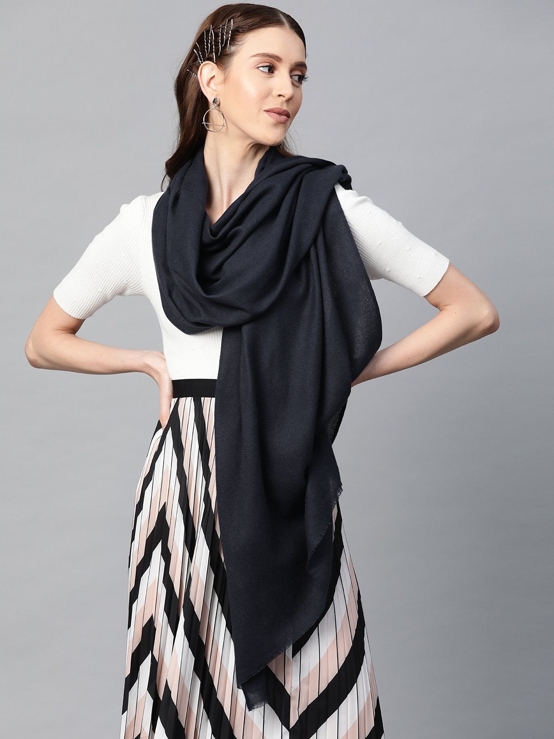 Women's Navy Recycled Poly Cotton Brushed Stole