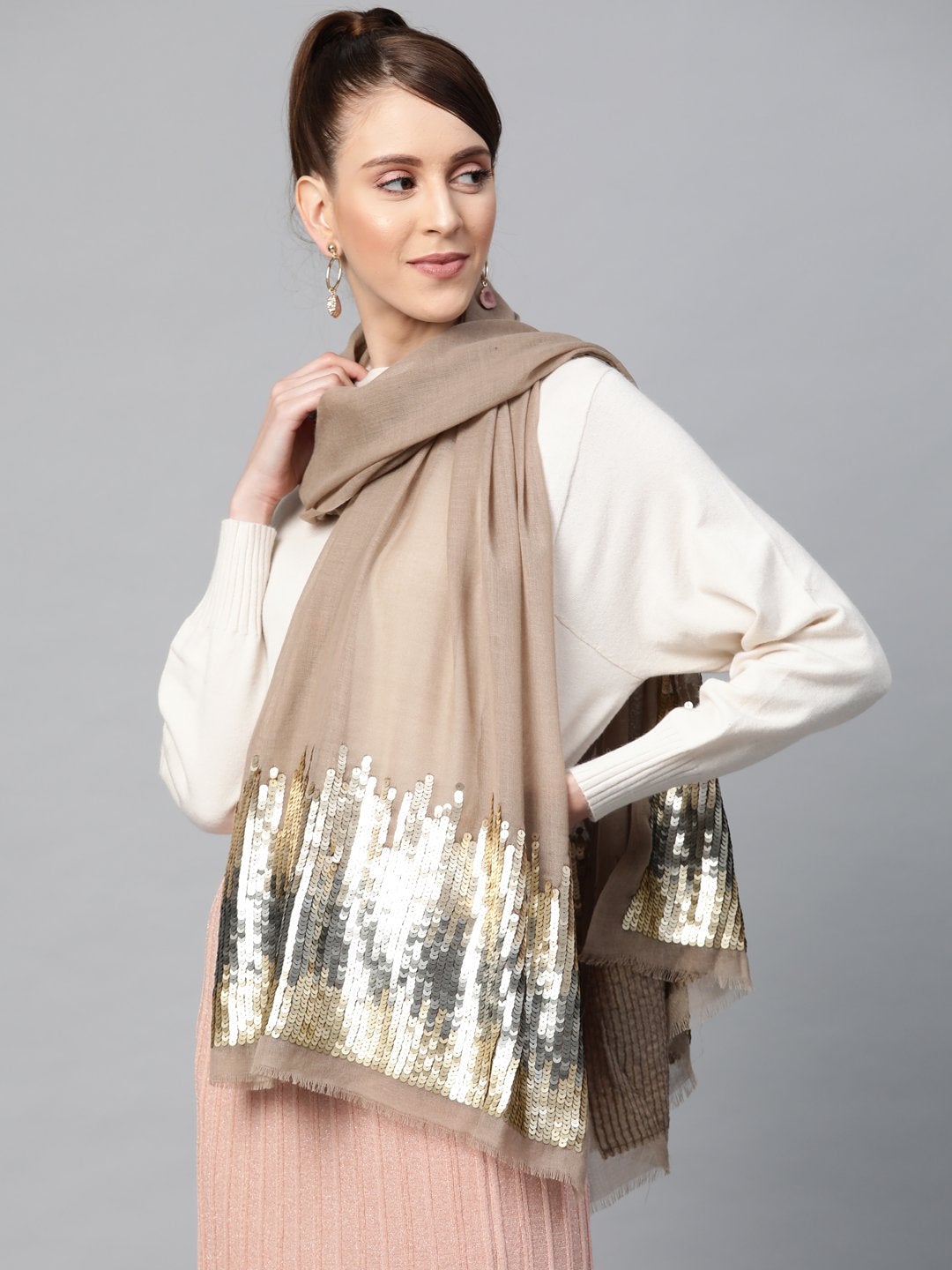 Women's Beige Poly Wool Sequence Stole