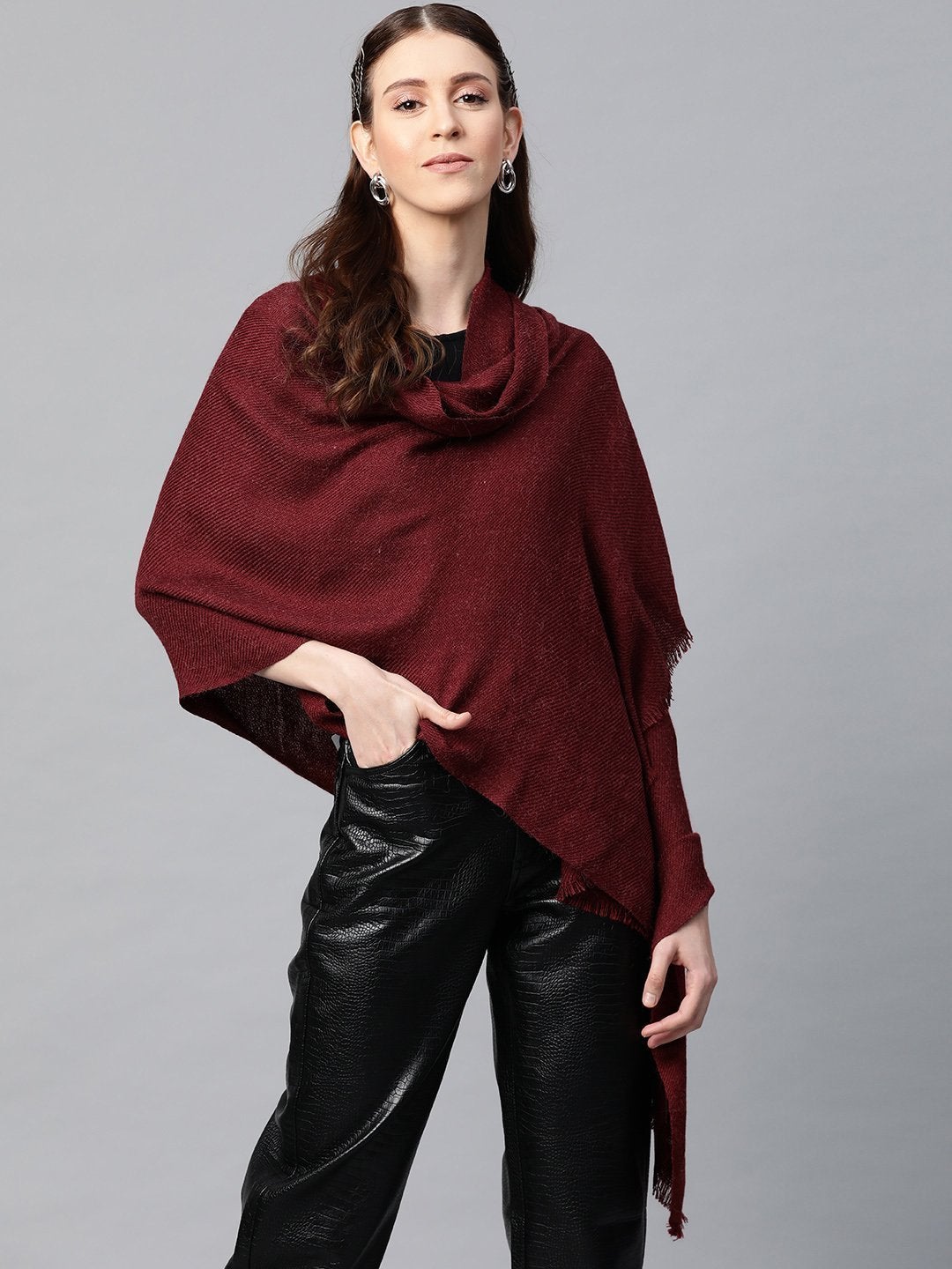 Women's Maroon Angora Plain Stole