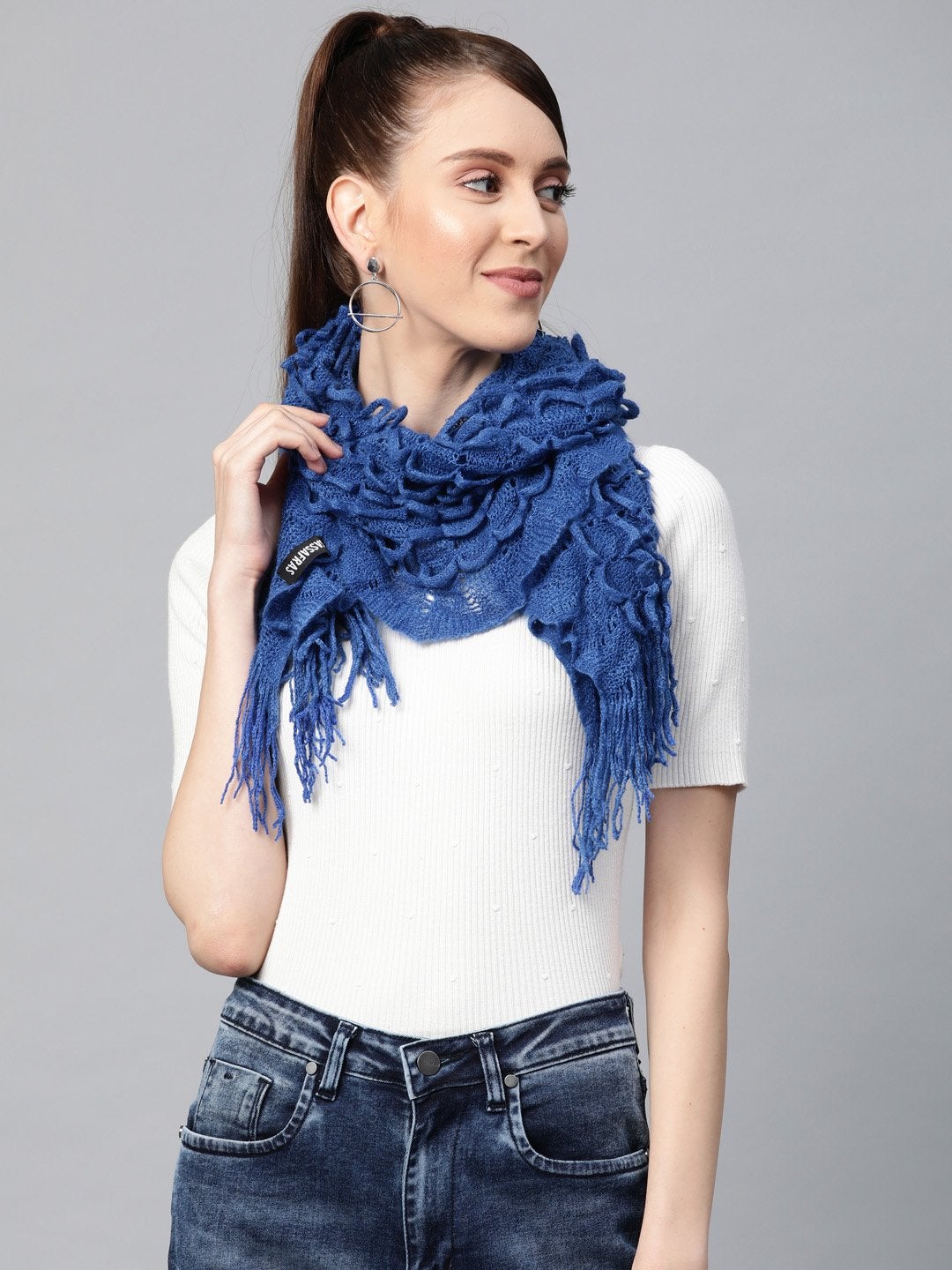 Women's Blue Crochet Poly Wool Stole