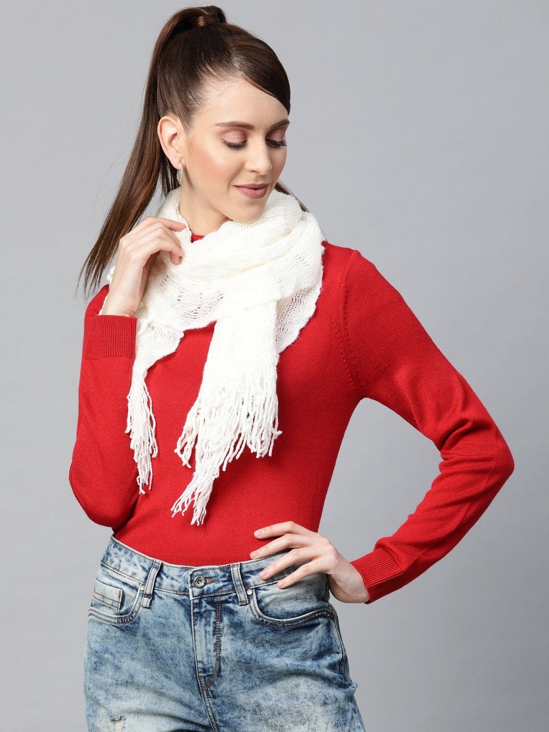 Women's White Crochet Poly Wool Stole