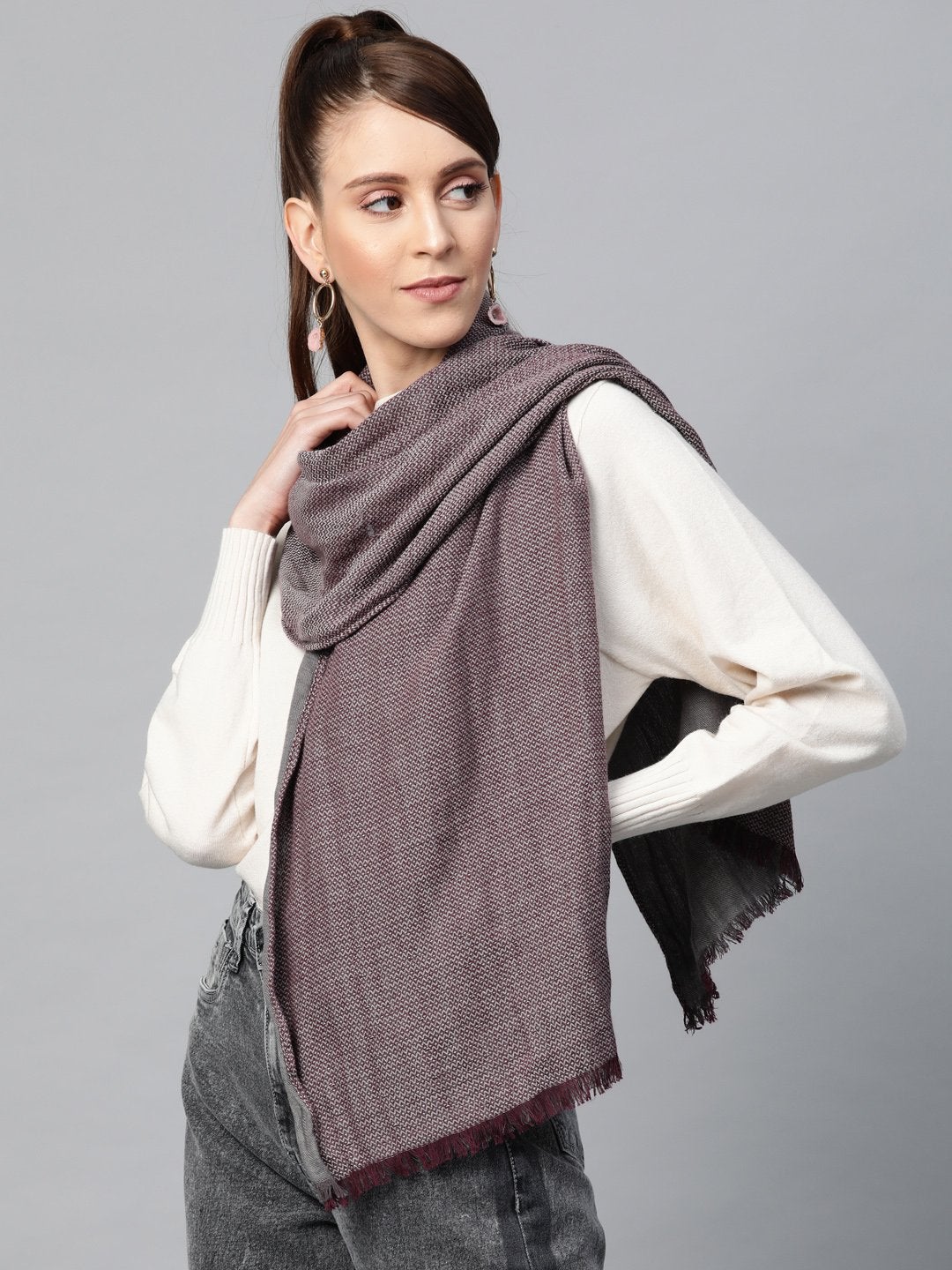 Women's Grey & Maroon Poly Wool Stole
