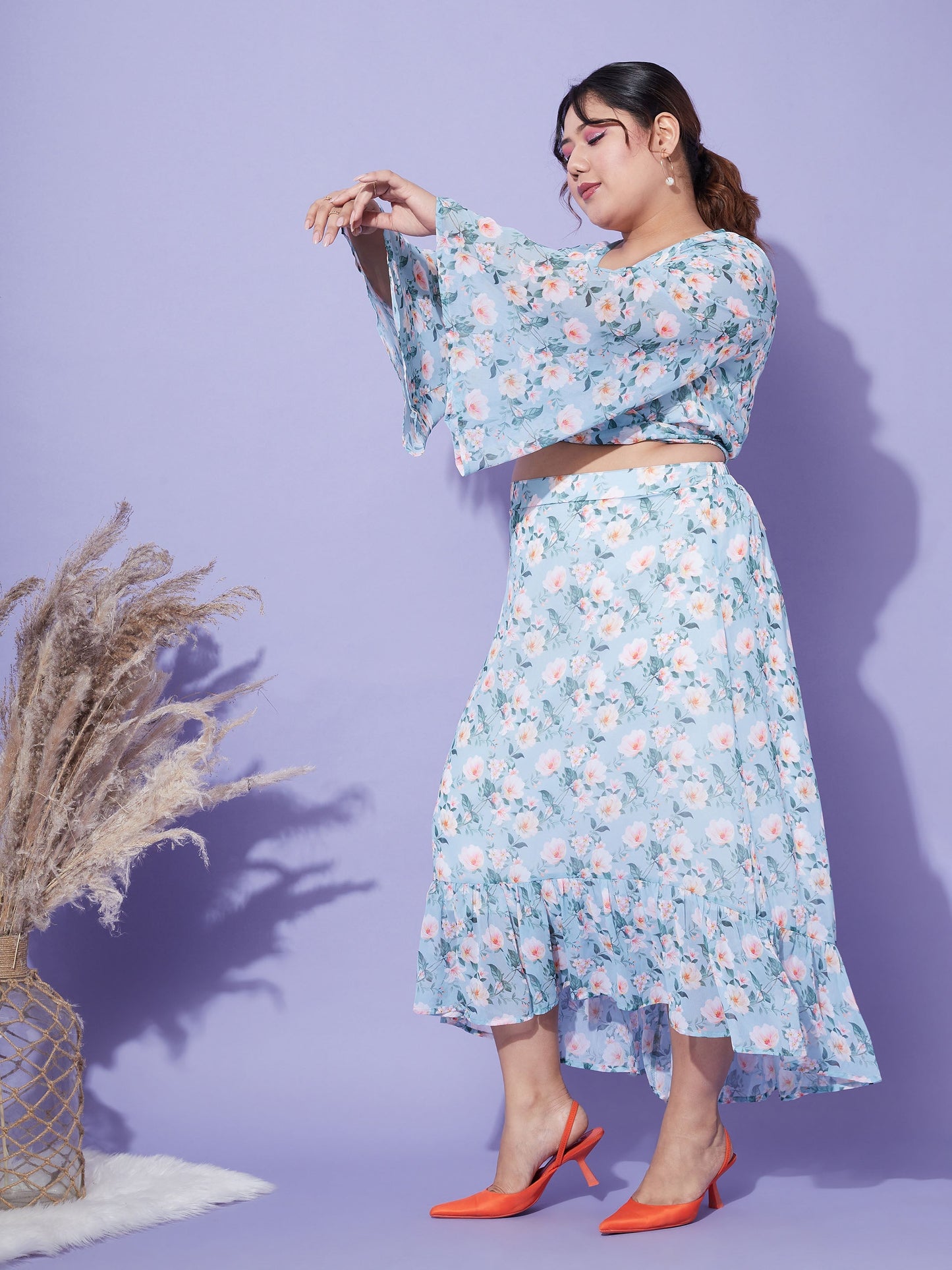 Women's Turquoise Floral Crop Top With Midi Skirt