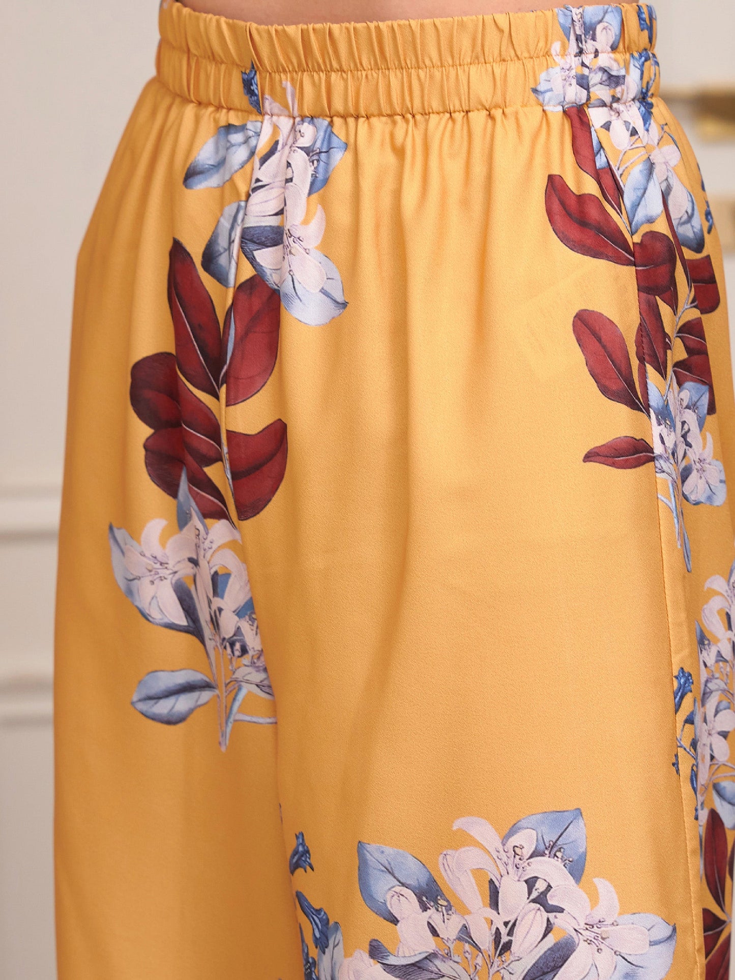 Women's Yellow Floral Notch Collar Shirt With Lounge Pants