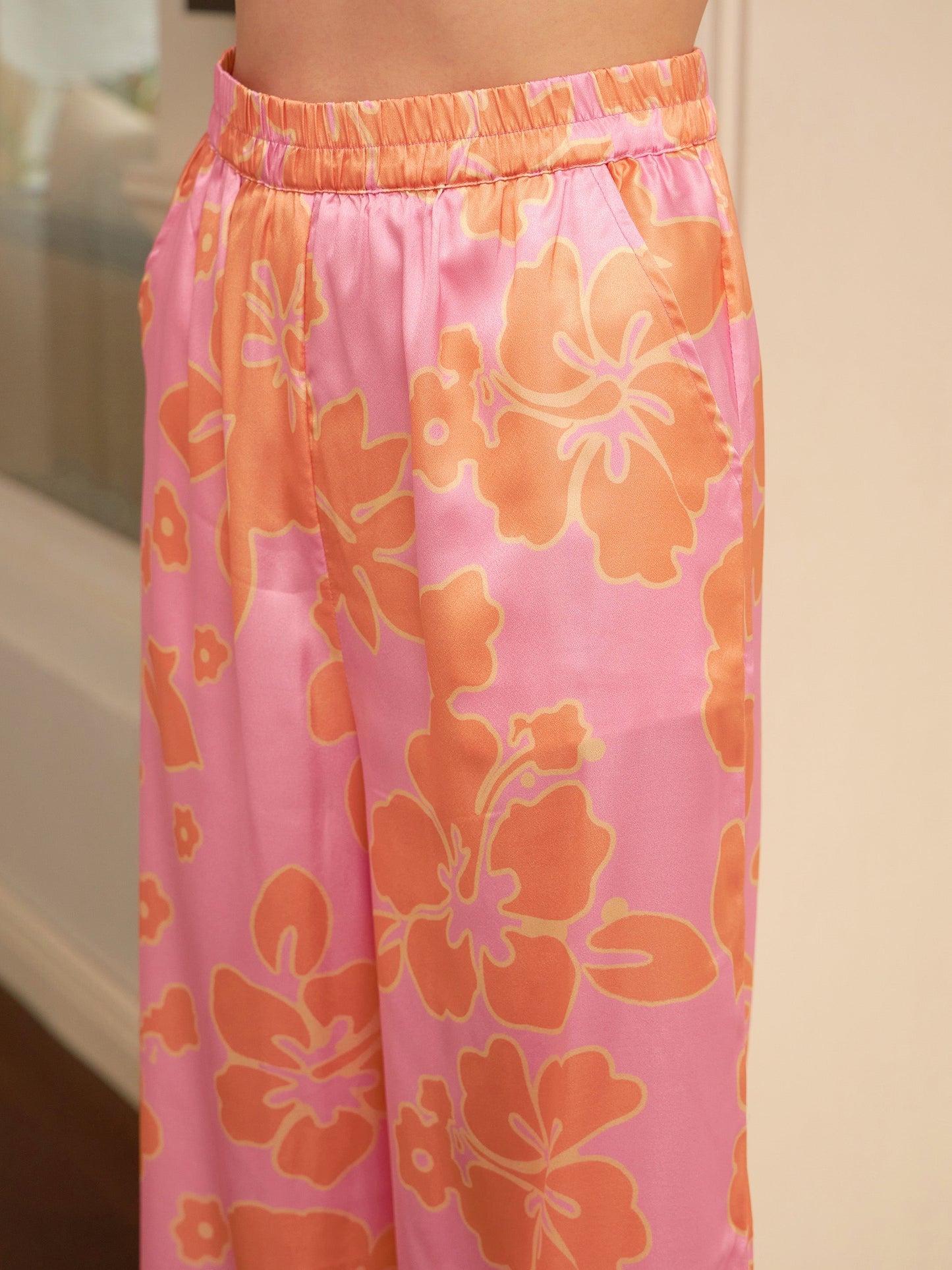 Women's Pink Satin Floral Wrap Belted Shirt With Lounge Pants