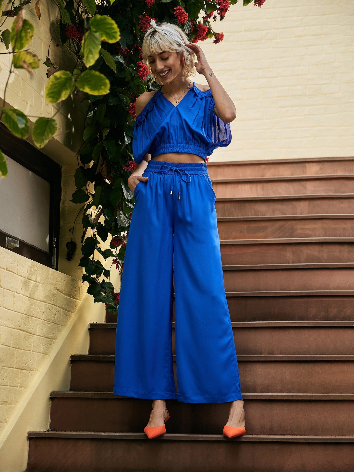 Women's Royal Blue Strappy V-Neck Crop Top With Palazzos