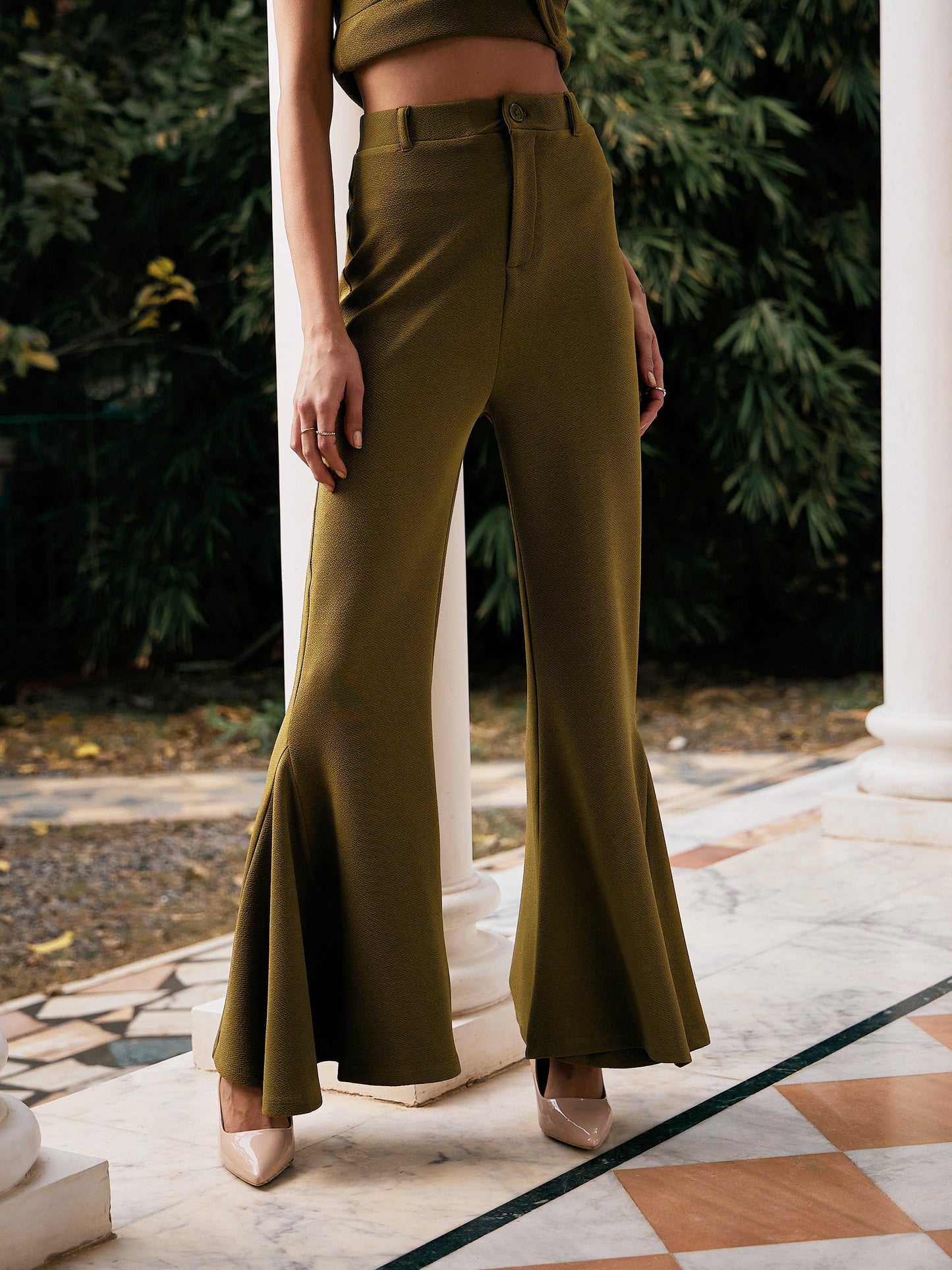 Women's Olive Tie-Knot Top With Kick Pleat Pants