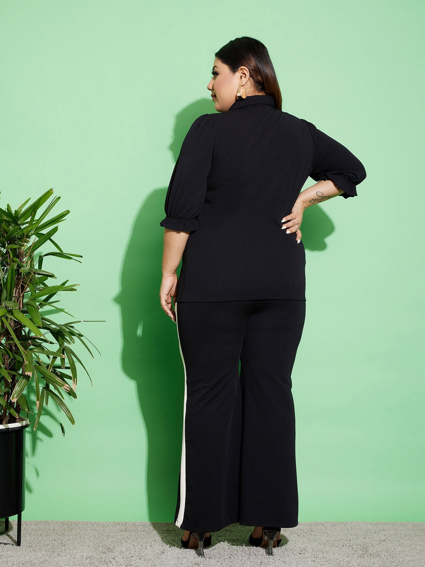 Women's Black Ruched Shirt With Side Tape Pants