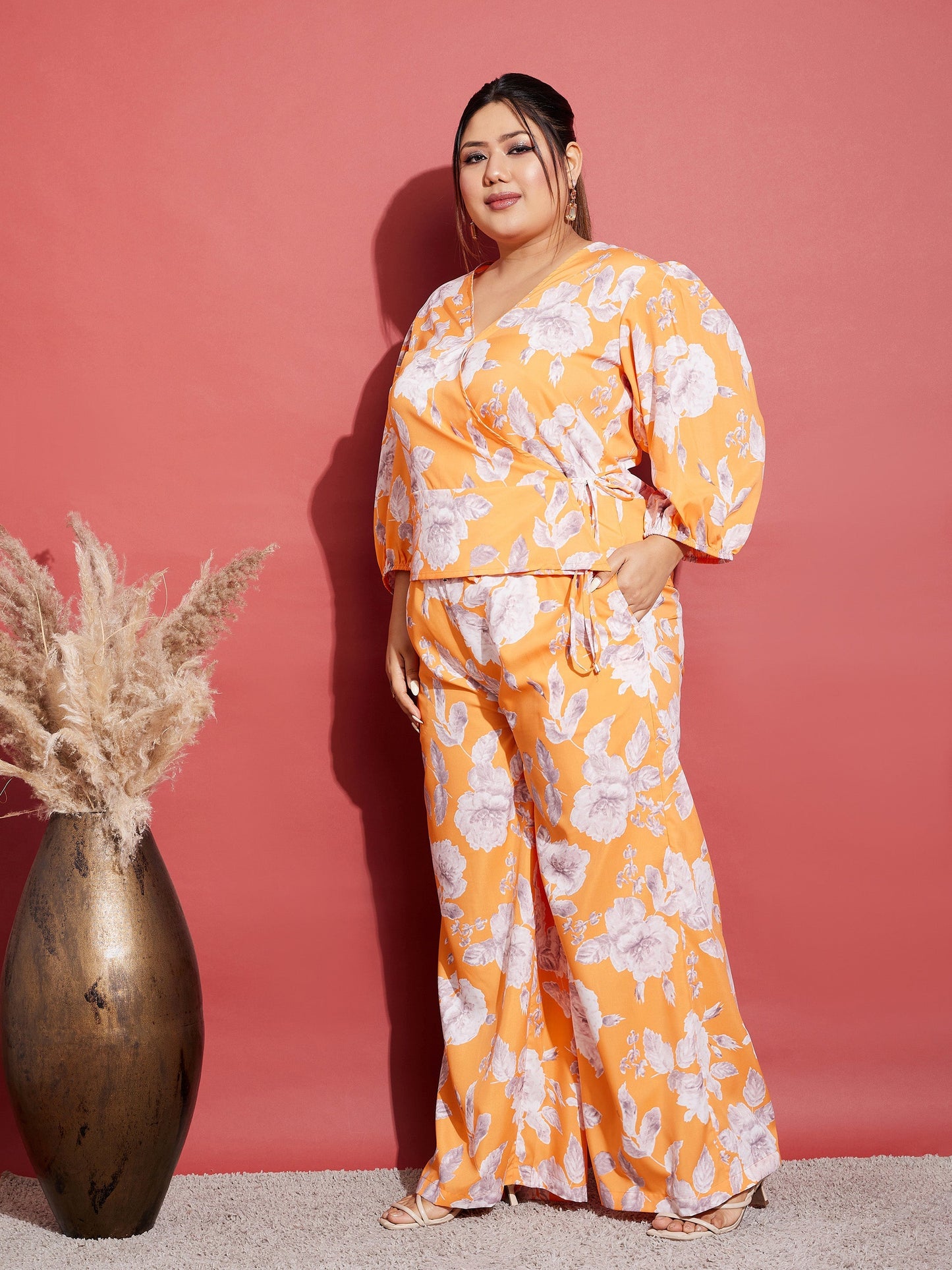 Women's Orange Floral Wrap Top With Straight Pants