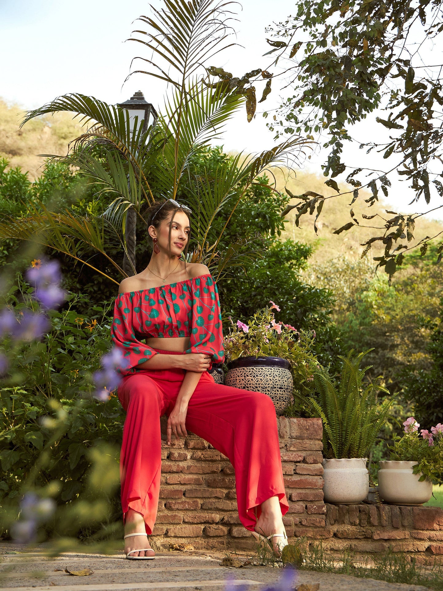 Women's Red Floral Off-Shoulder Top With Straight Pants