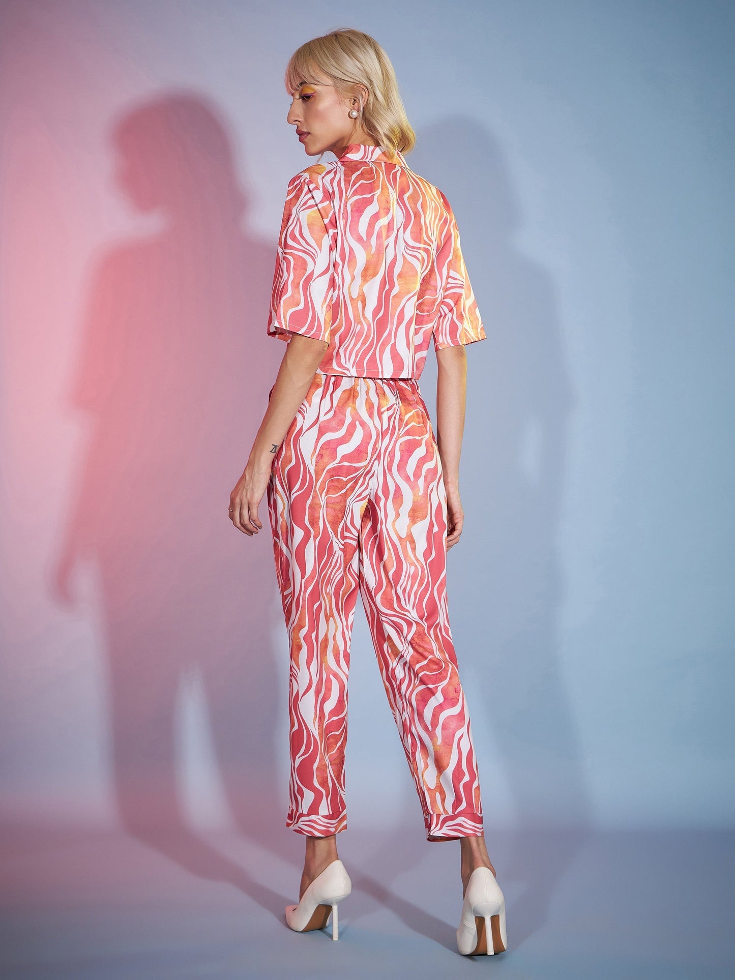 Women's Coral Watercolor Crop Blazer With Tapered Pants
