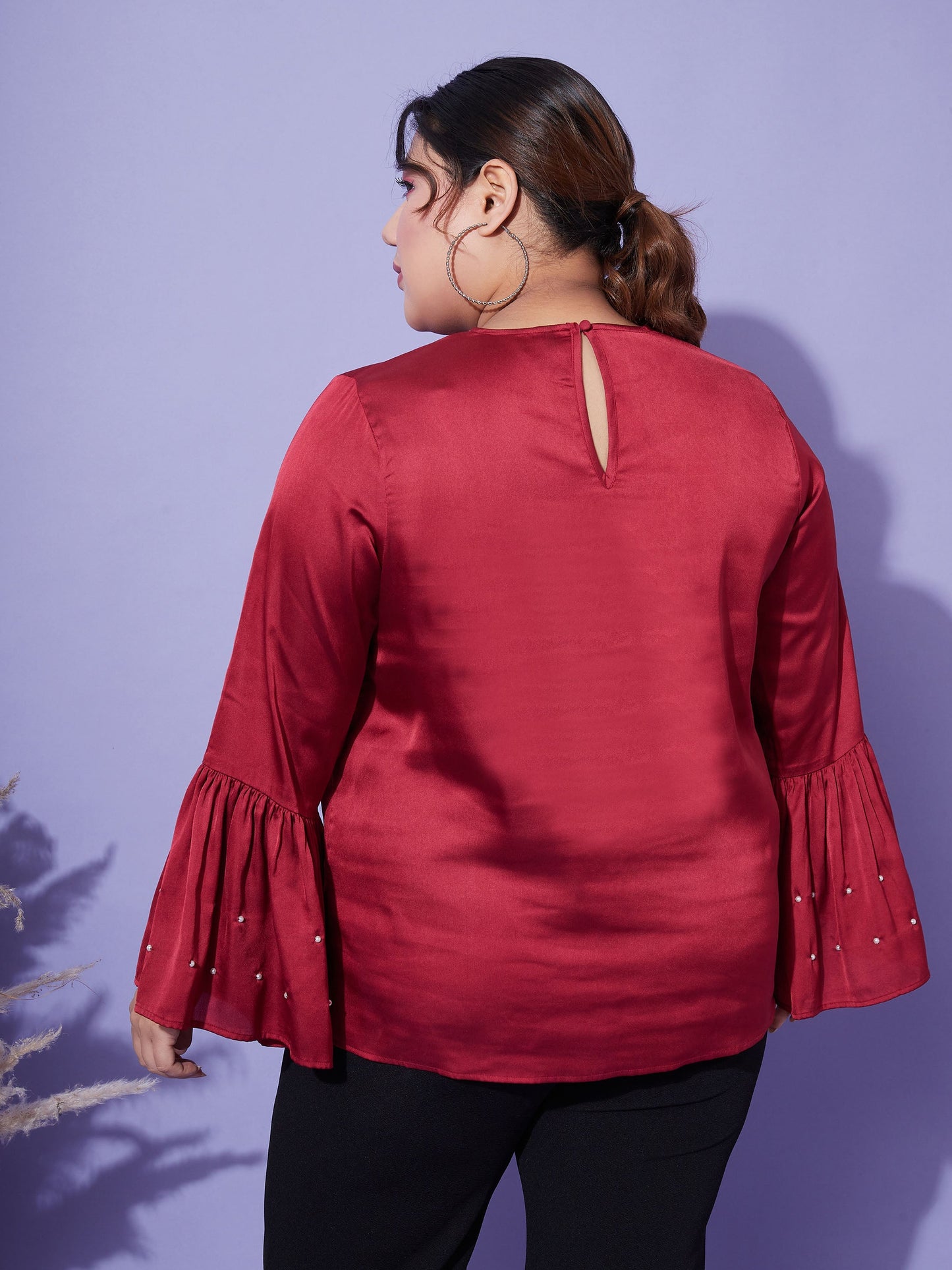 Women's Red Satin Bell Sleeves Frill Hem Top