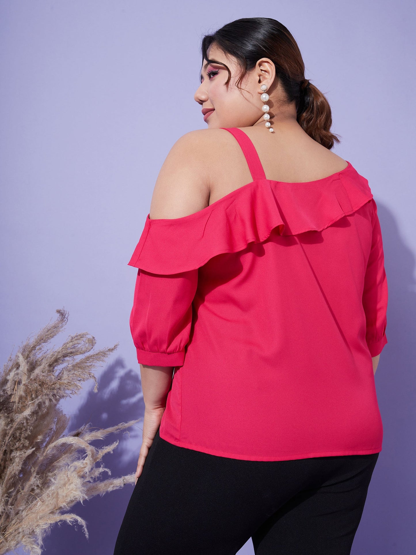Women's Magenta One Shoulder Ruffle Top