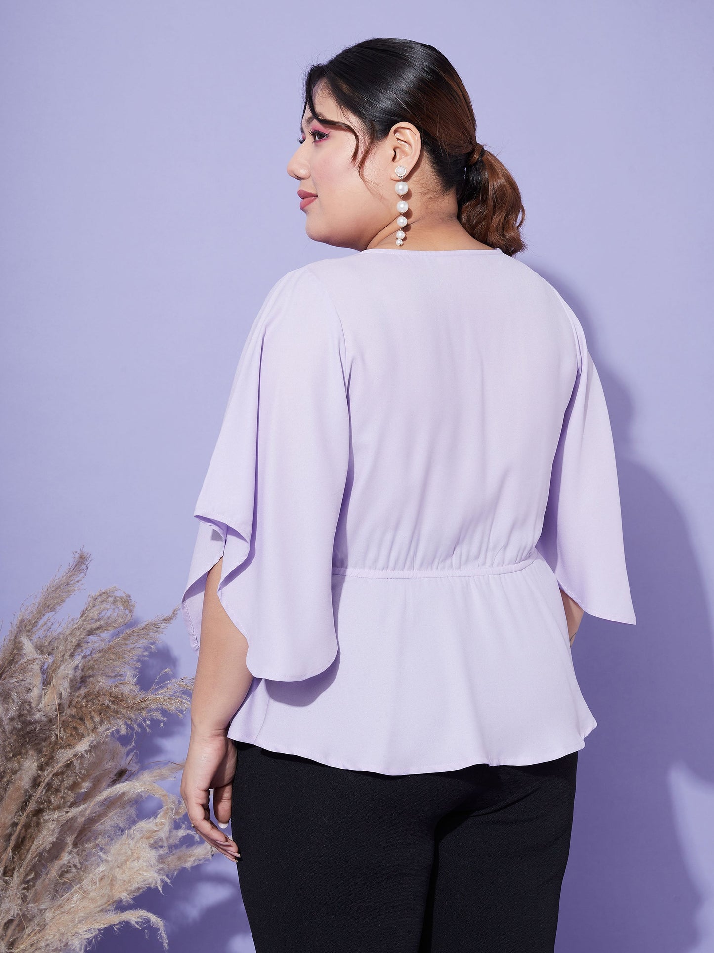 Women's Lavender Short Frill Sleeves Wrap Top