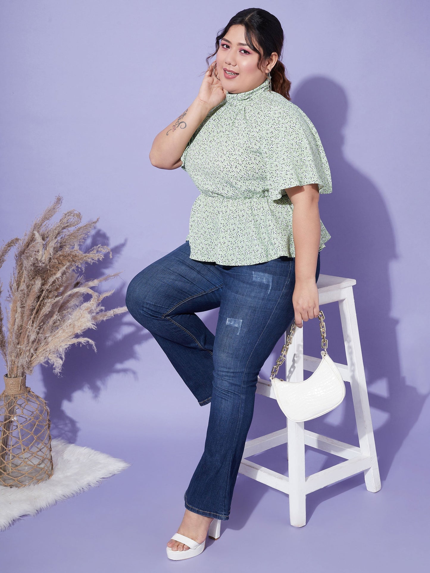 Women's Green Floral Back Tie-up Top