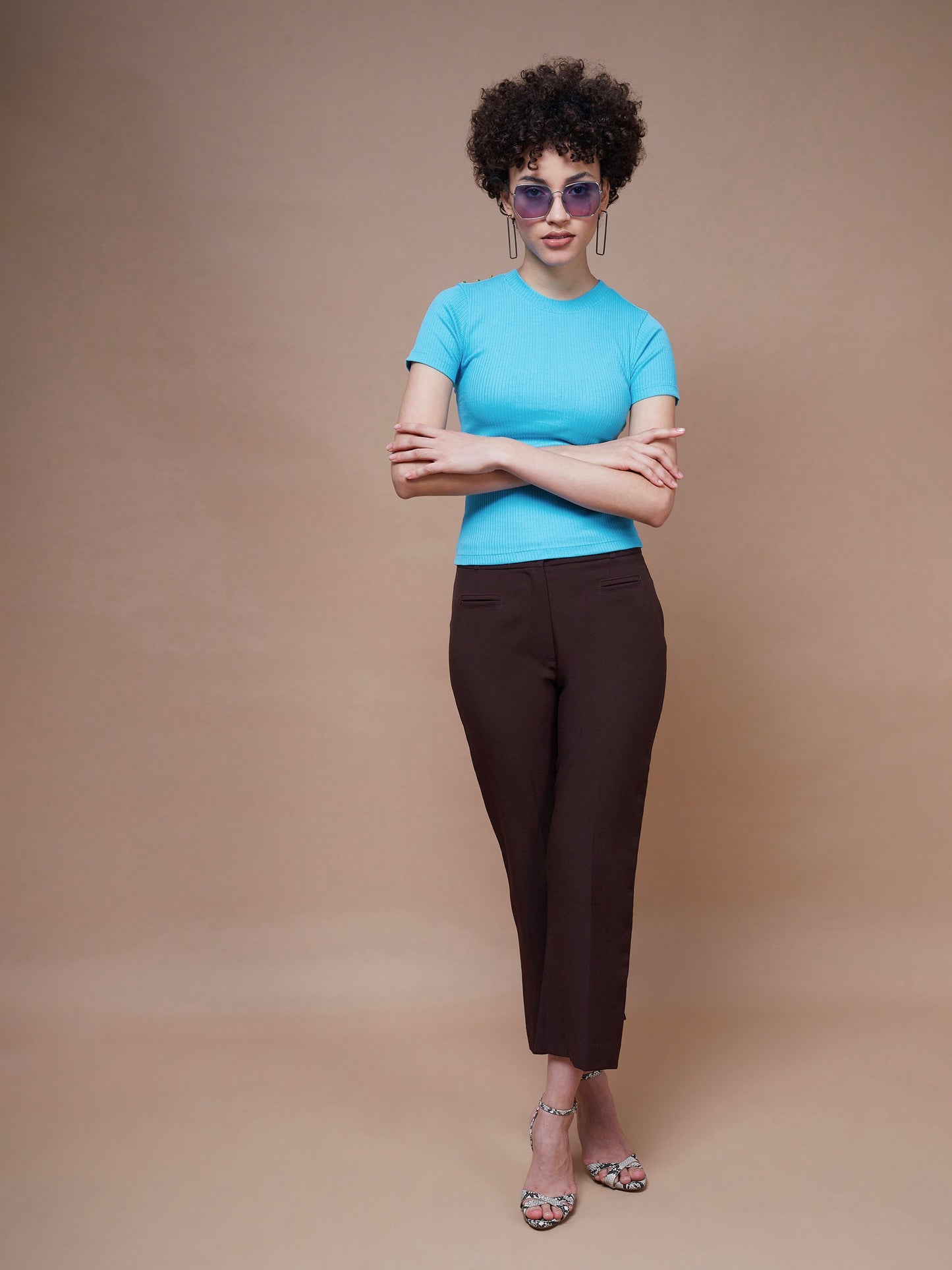 Women's Turquoise Rib Round Neck Top