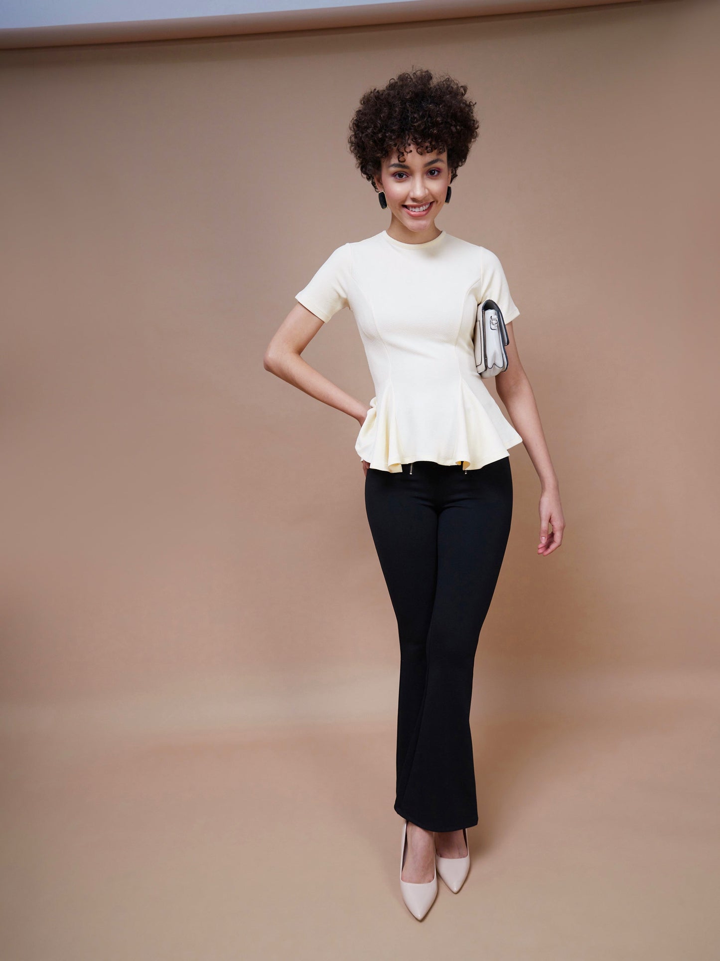 Women's Cream Short Sleeves Peplum Top