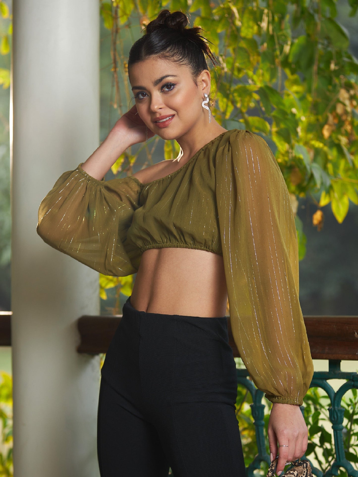 Women's Olive Chiffon Lurex One Shoulder Crop Top