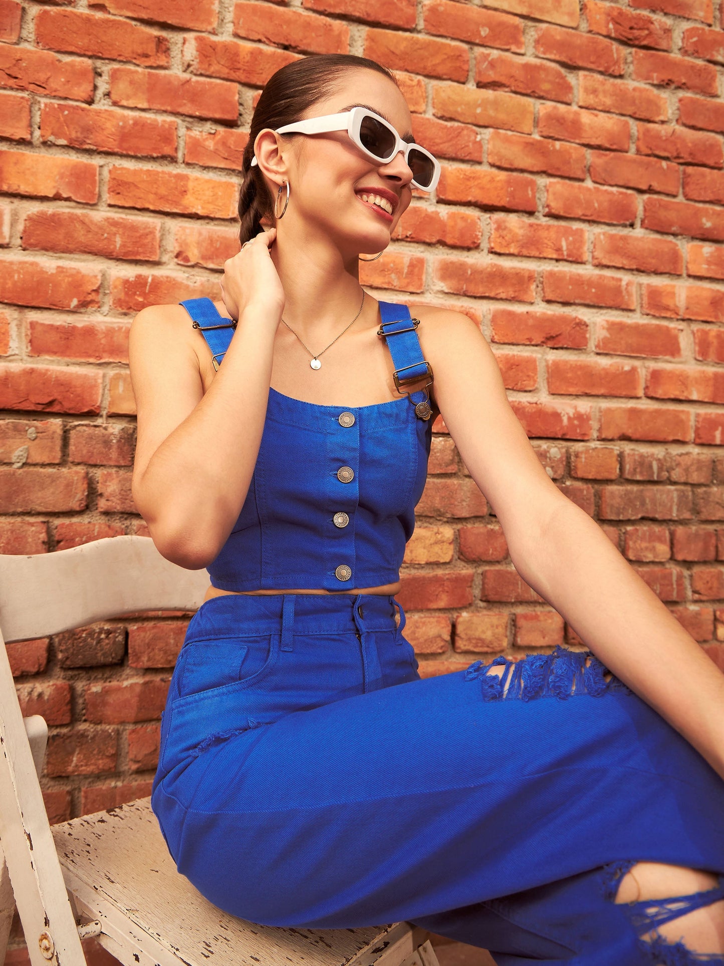 Women's Royal Blue Denim Cropped Bustier Top