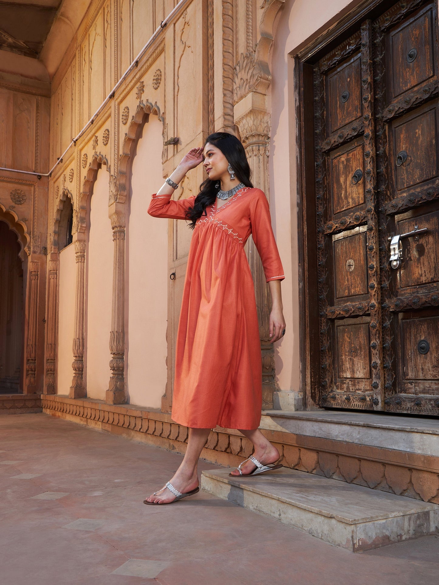 Women's Rust Embroidered Slant Empire Seam Kurta