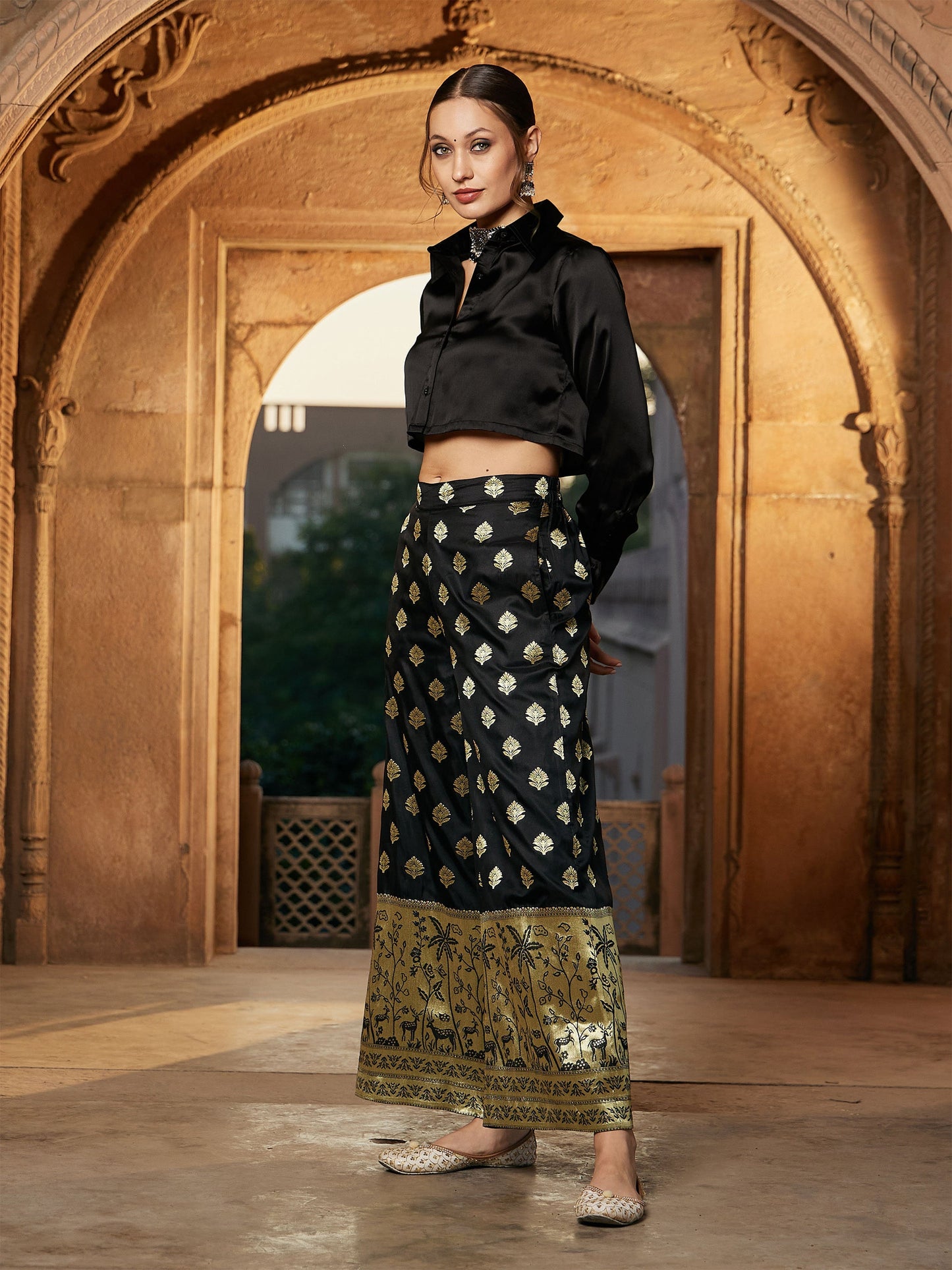 Women's Black Brocade Jacquard Palazzos