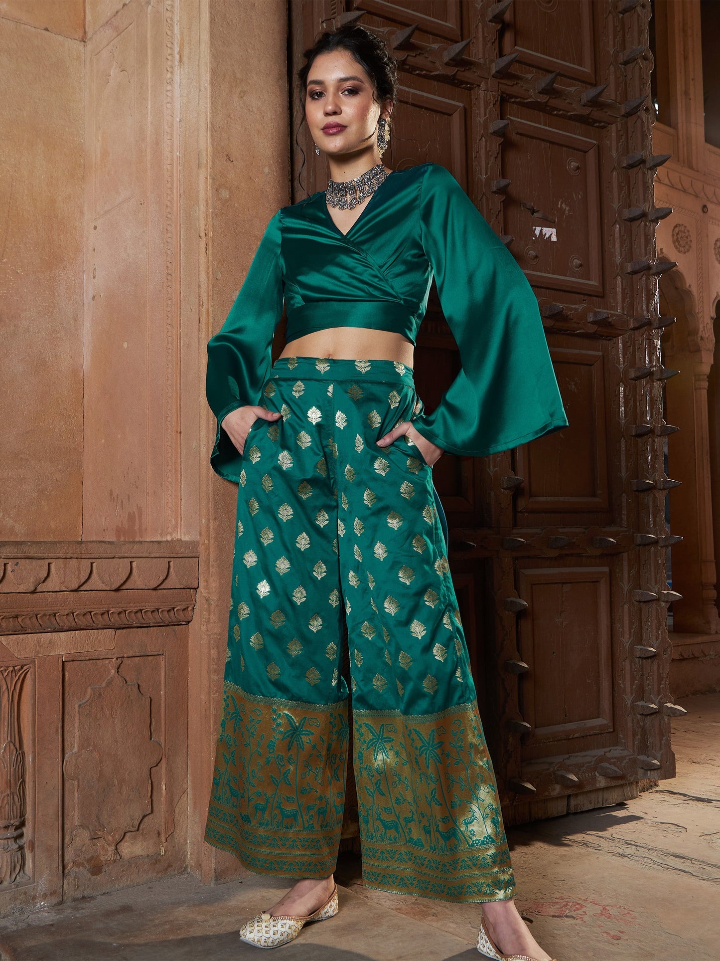 Women's Teal Brocade Jacquard Palazzos