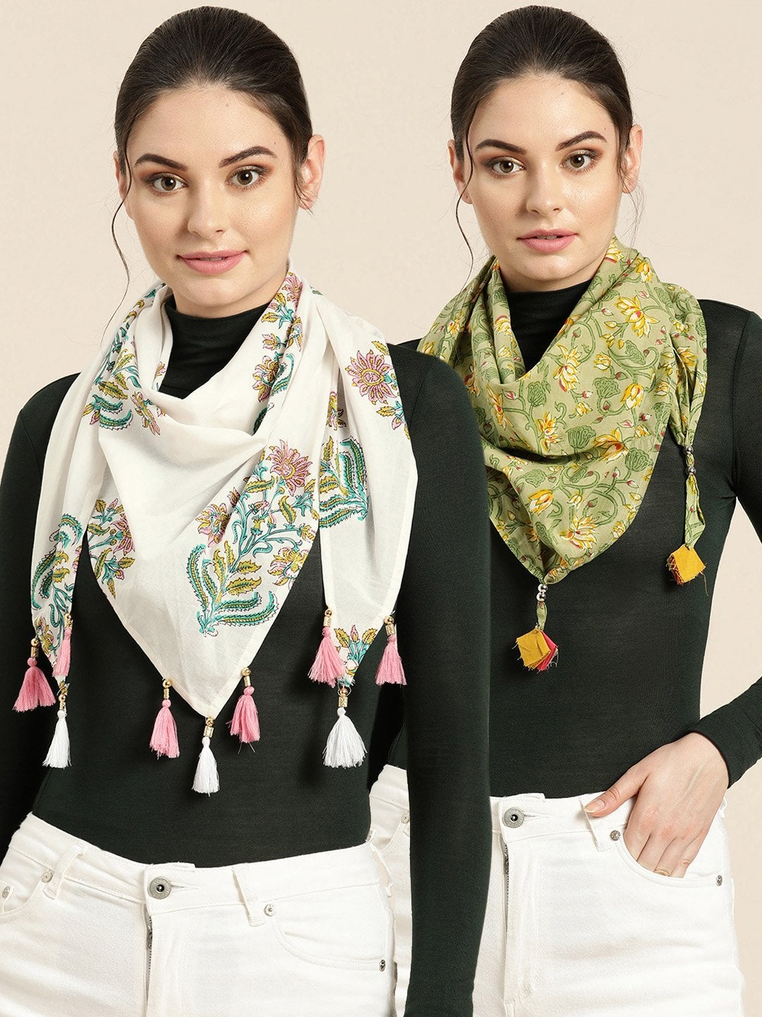 Women's White Floral & Green Floral Scarf (Set Of 2)